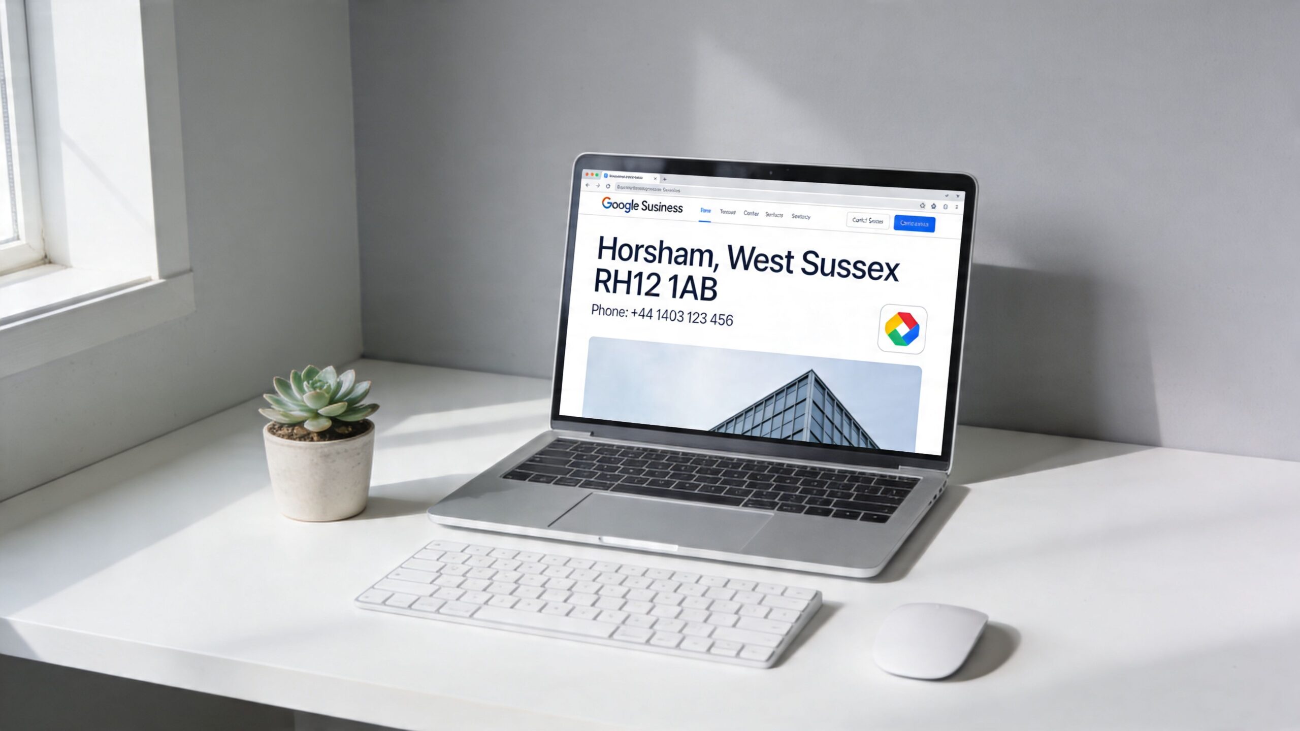 A modern laptop on a white desk displaying local business contact information for Horsham, West Sussex.