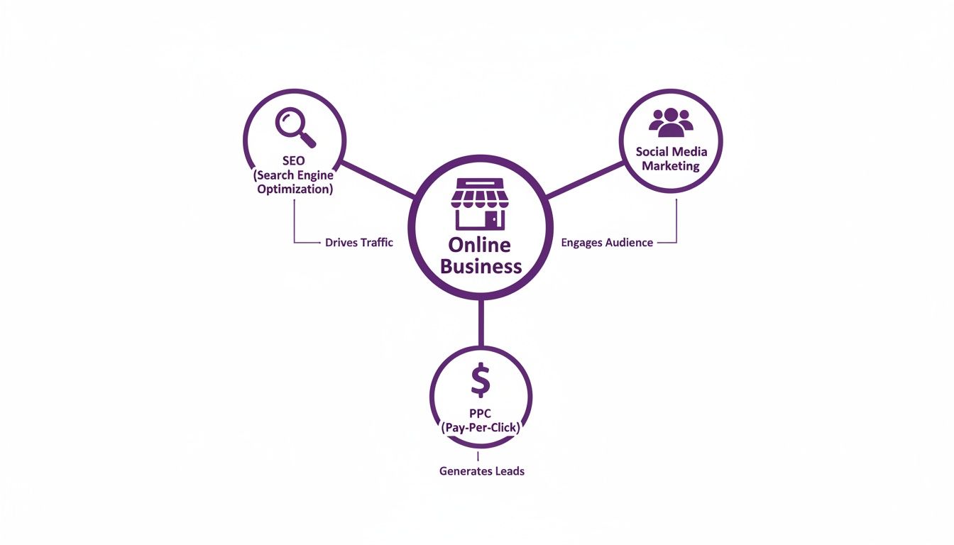 Mind map illustrating online business strategies: SEO drives traffic, social media engages, and PPC generates leads.