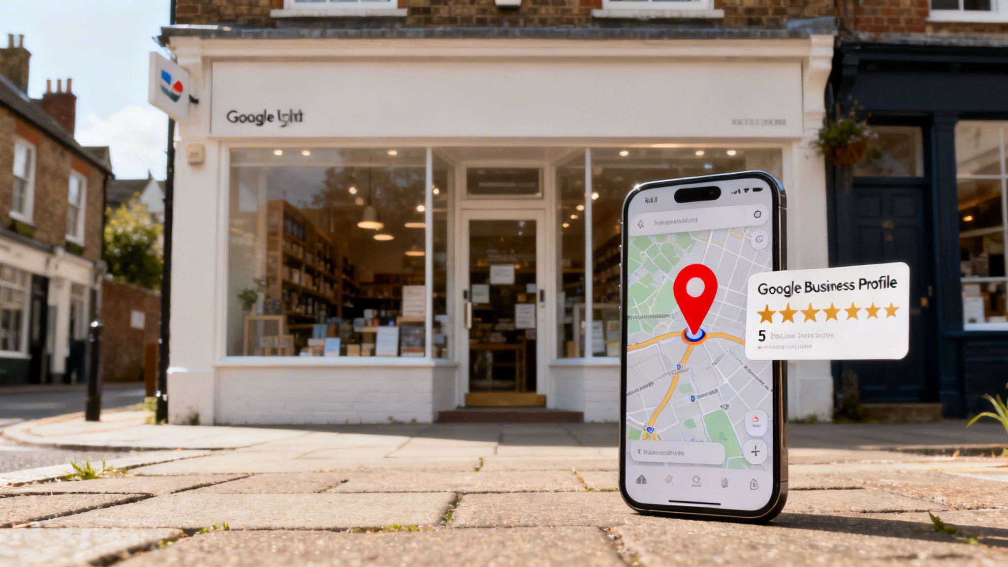A Google Light storefront with a smartphone displaying a 5-star Google Business Profile review on a map.