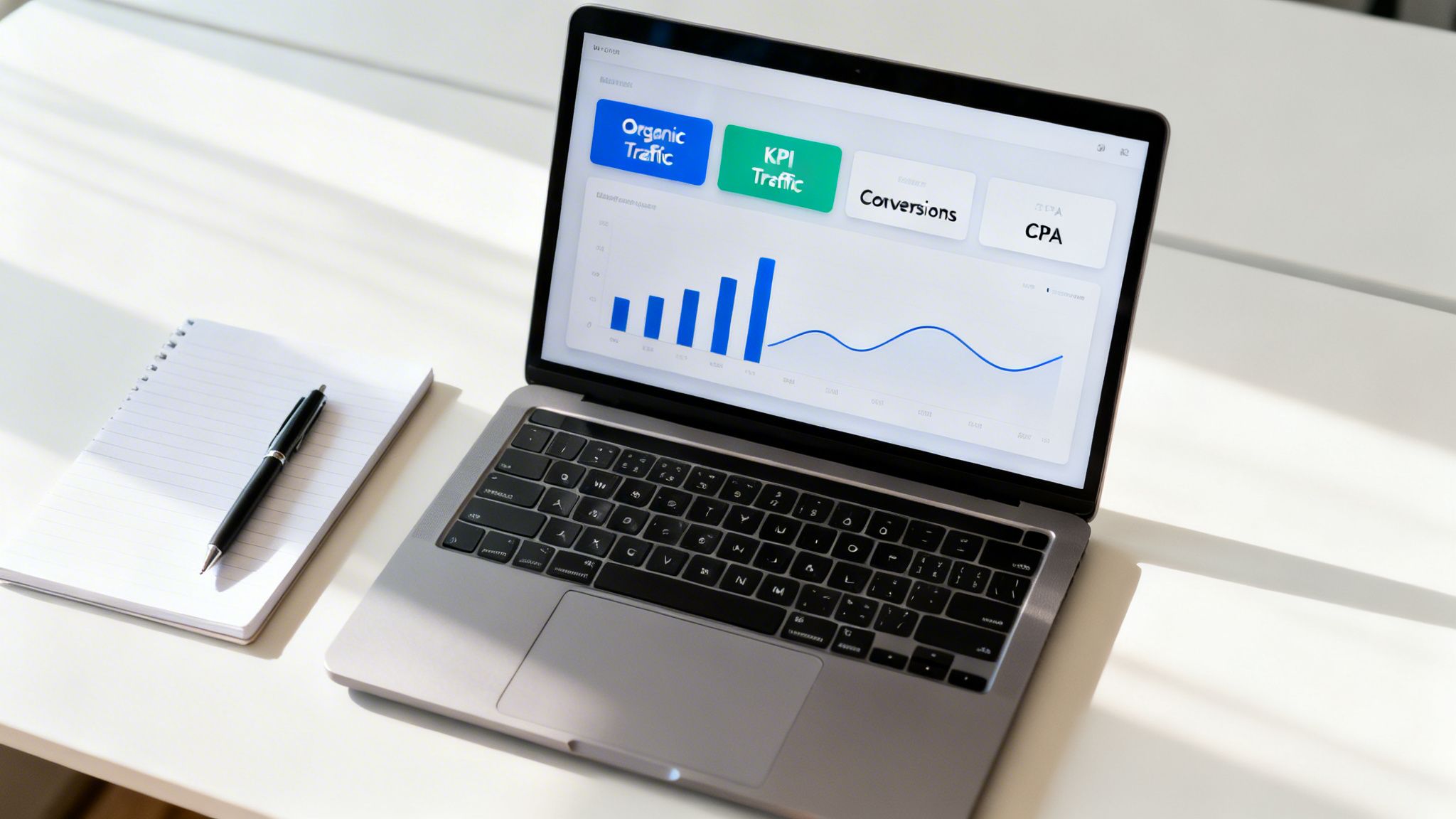 Laptop on a white desk showing a marketing dashboard with organic traffic, KPI, conversions, and CPA metrics.