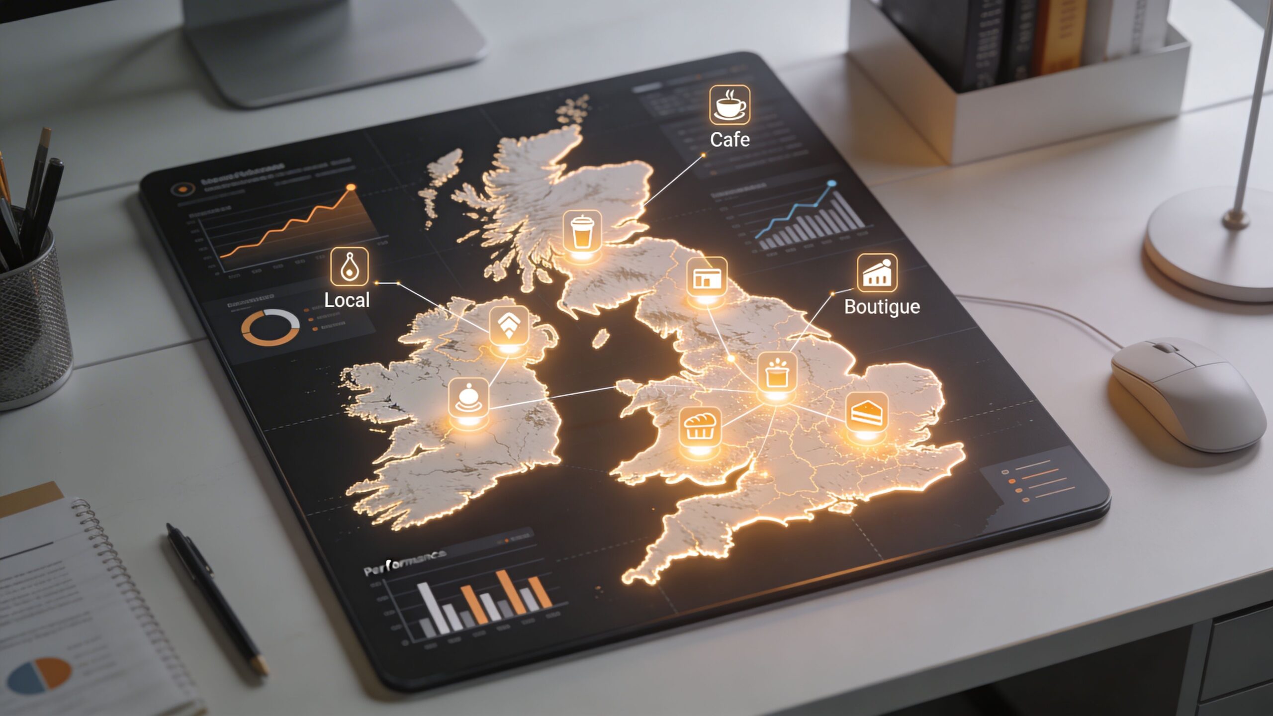 A digital screen displays a glowing interactive map of the United Kingdom with various business performance icons.