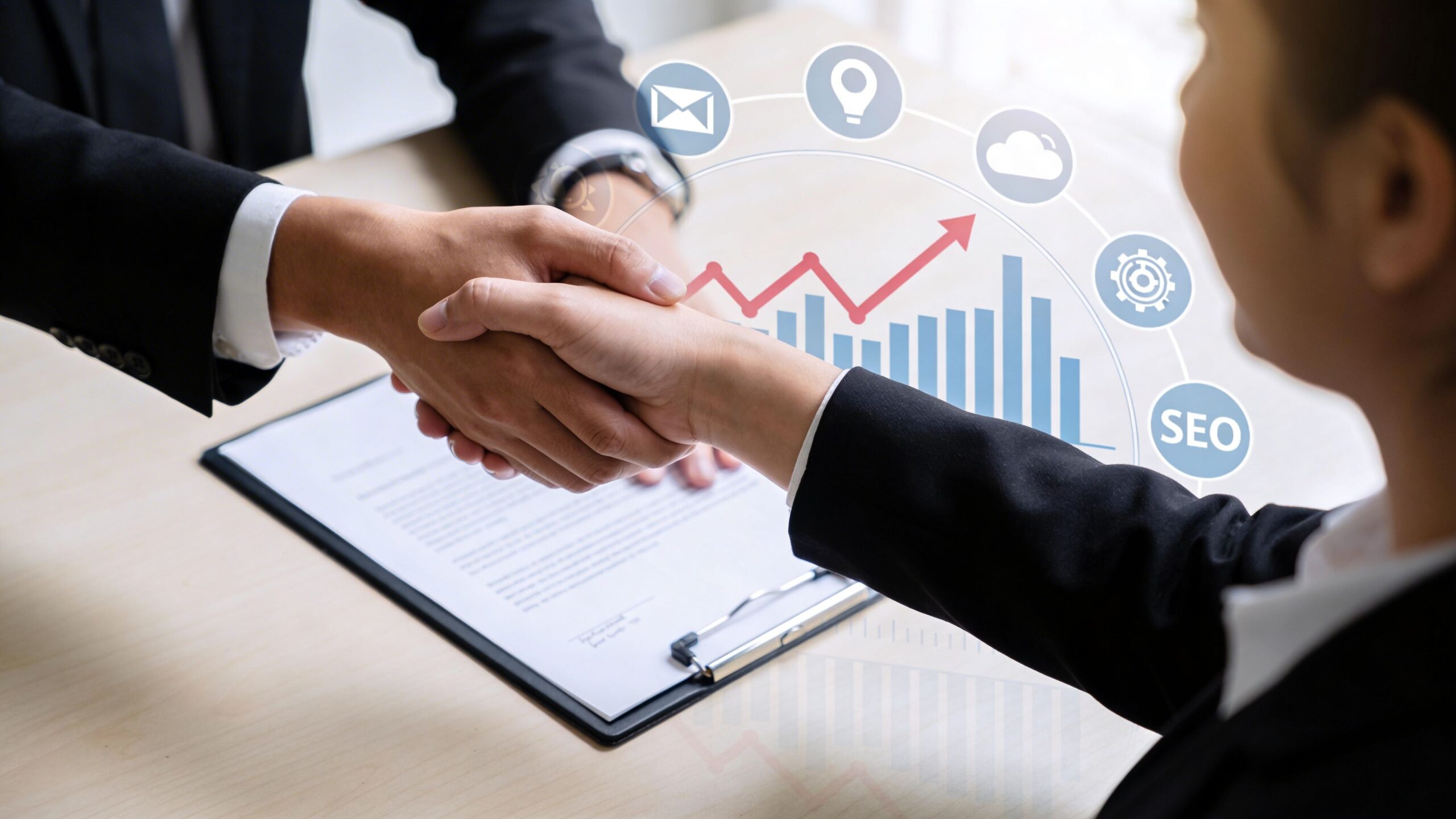 Two professionals shaking hands over a contract with digital marketing and business growth graph overlays.