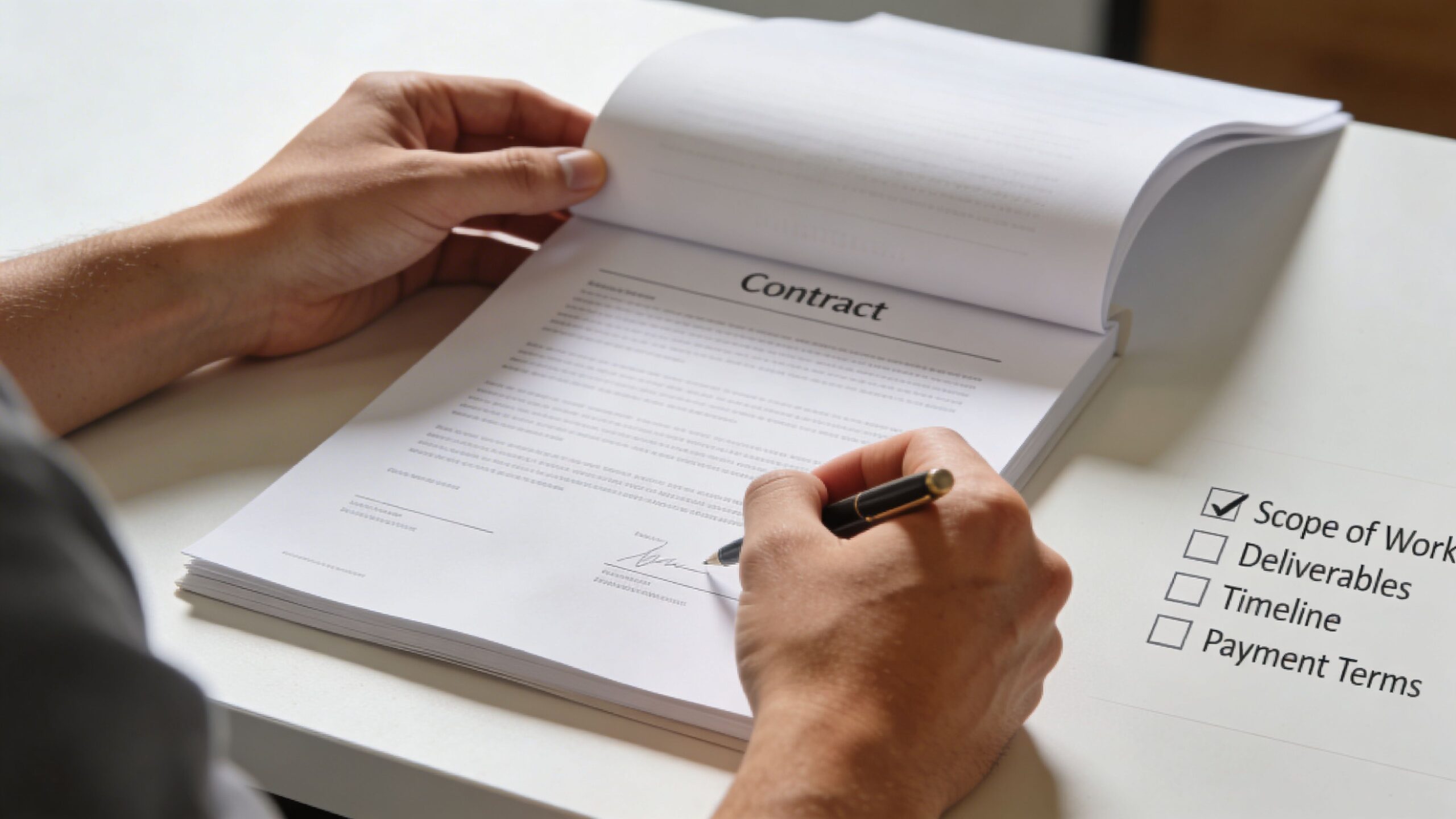 A businessman is signing a contract on a desk with a checklist next to the document.