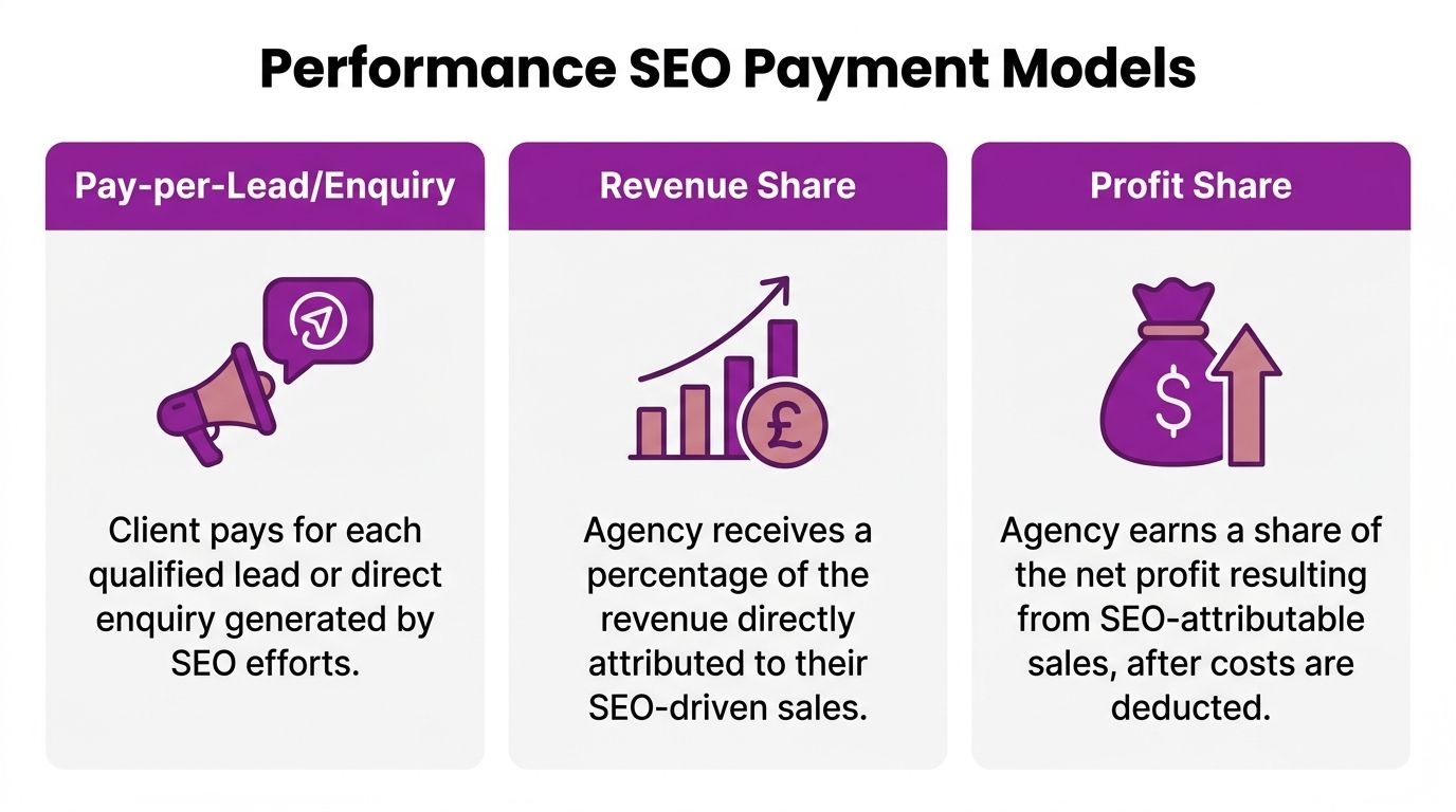 An infographic showing three performance based SEO payment models: Pay-per-Lead, Revenue Share, and Profit Share.