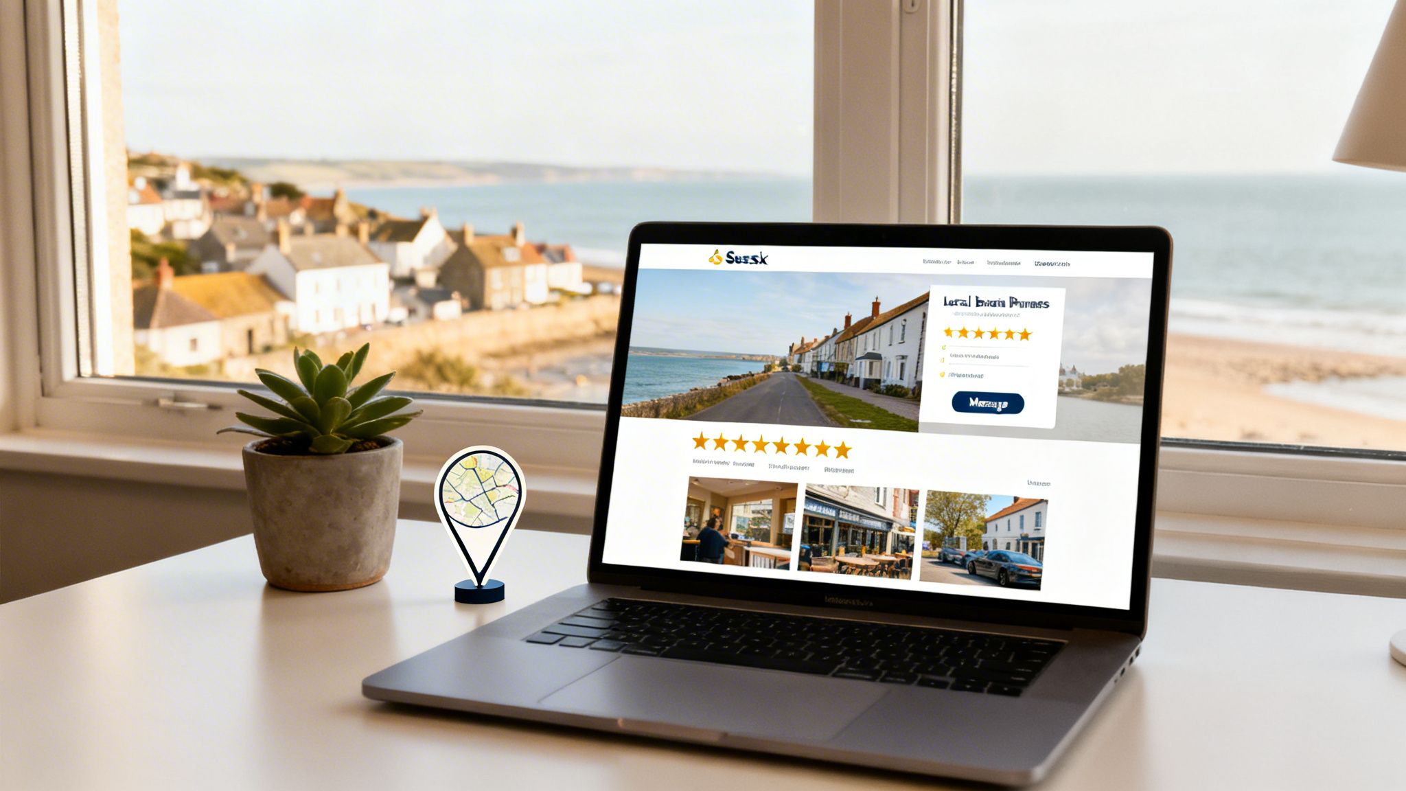 A laptop on a desk by a window overlooking a coastal village, displaying a website with similar views.