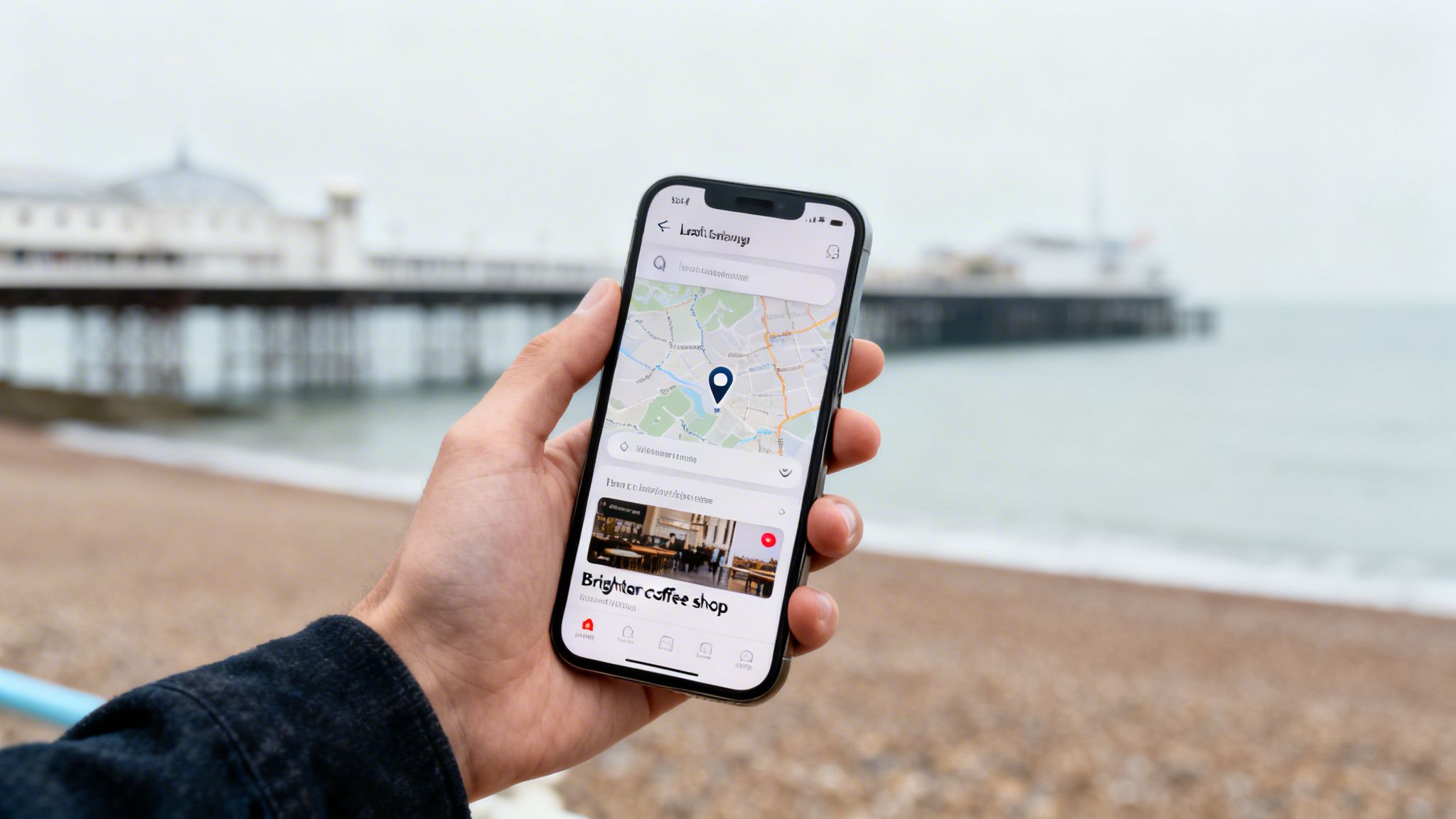 A hand holds a smartphone displaying a map application with a coffee shop listed, against a beach and pier background.