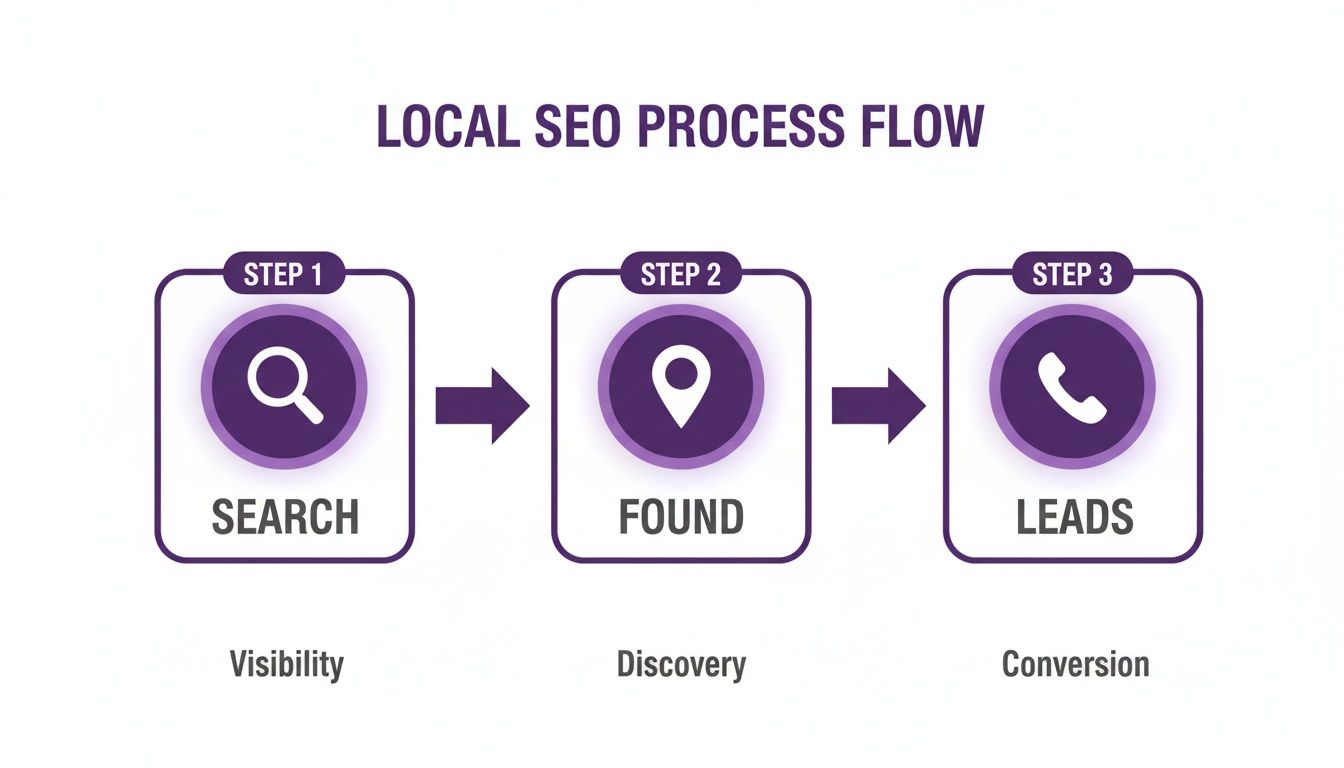 A diagram illustrates the local SEO process flow: Search (Visibility), Found (Discovery), and Leads (Conversion).