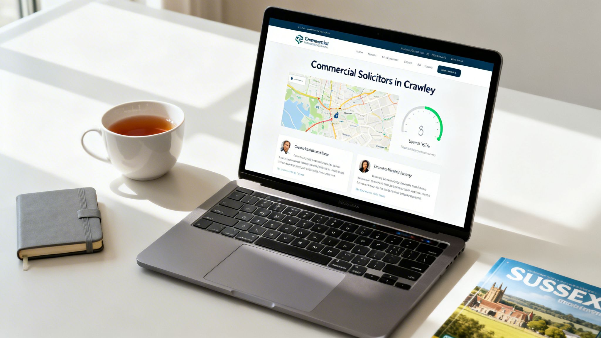Modern workspace with a laptop displaying a commercial solicitors website, tea, and a notebook.