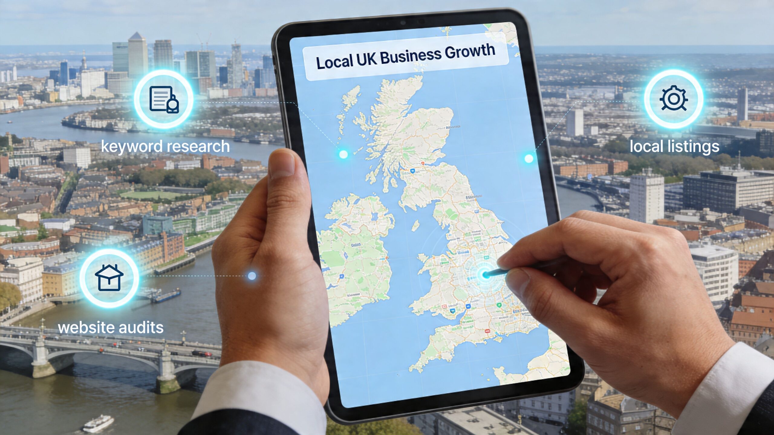 A businessman holding a digital tablet displaying a UK map with local SEO service marketing icons.