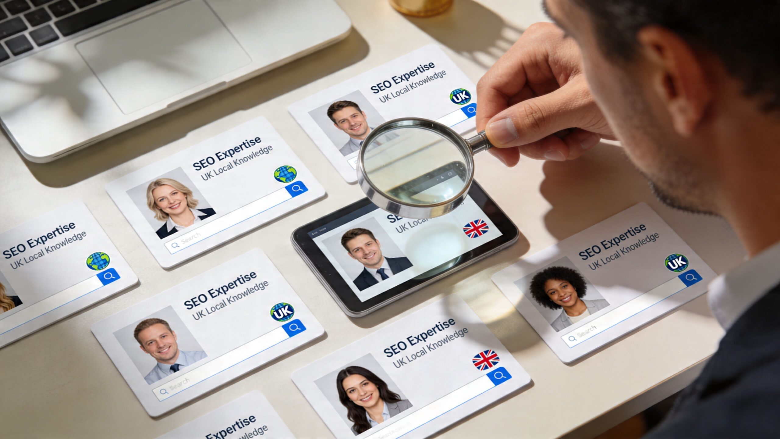 A businessman using a magnifying glass to examine professional profile cards on a desk.
