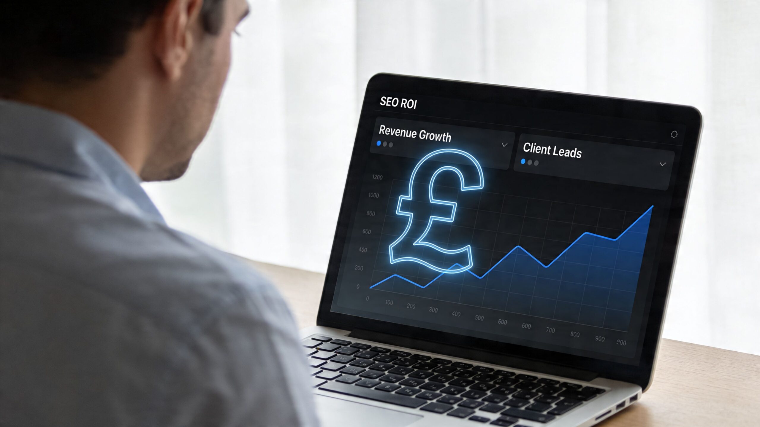 A businessman looking at a laptop screen displaying a glowing British pound sign over a growth graph.
