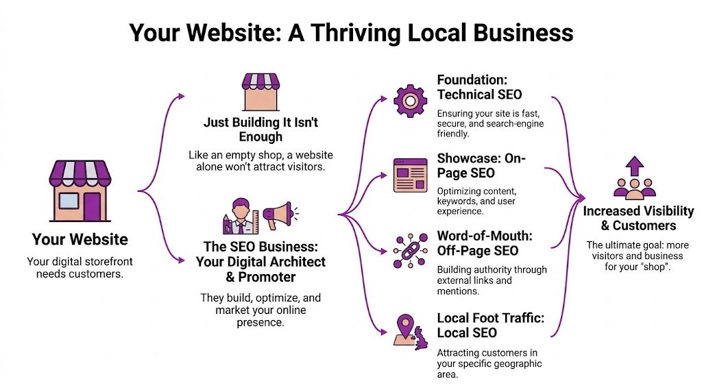 A diagram illustrating how SEO services help transform a business website into a thriving online destination.