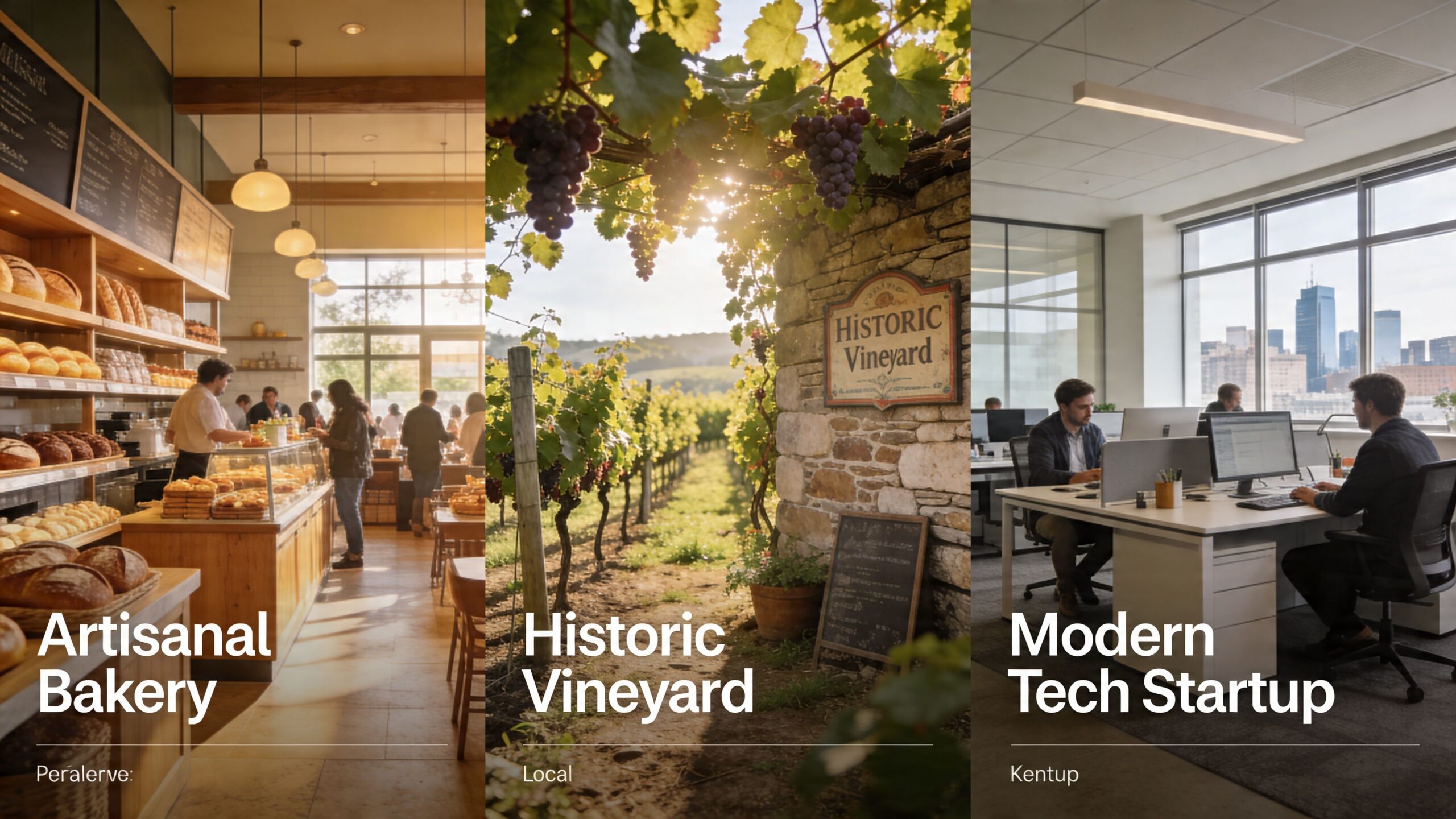 A split-screen view showing an artisanal bakery, a historic vineyard, and a modern tech startup office space.