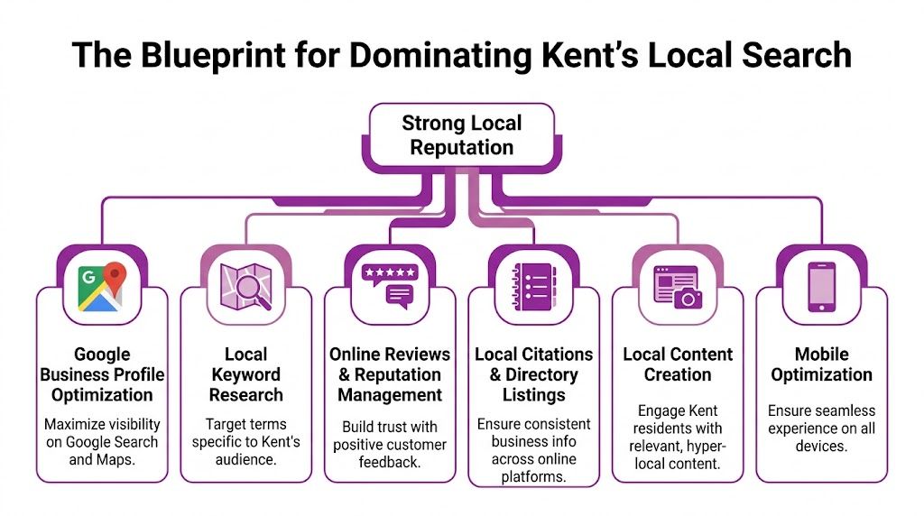 An infographic titled The Blueprint for Dominating Kent's Local Search showing six essential steps for business growth.