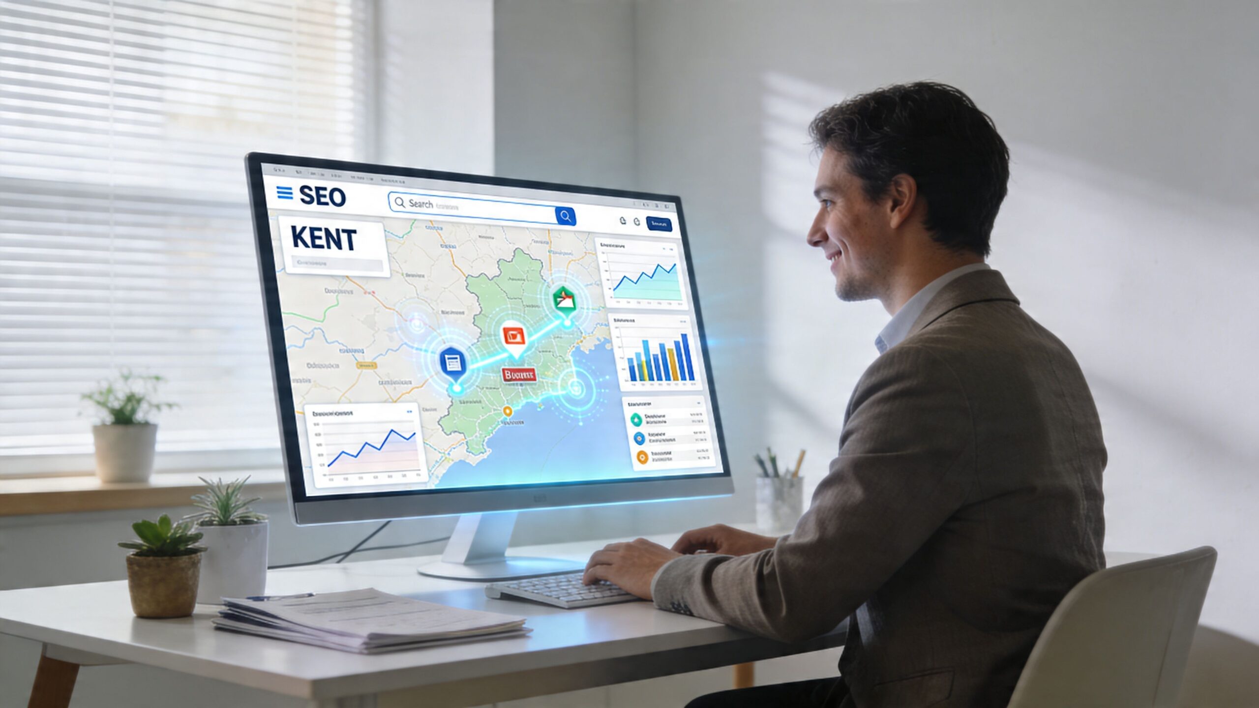 A professional man working on a computer showing SEO metrics and map data for Kent in his office.