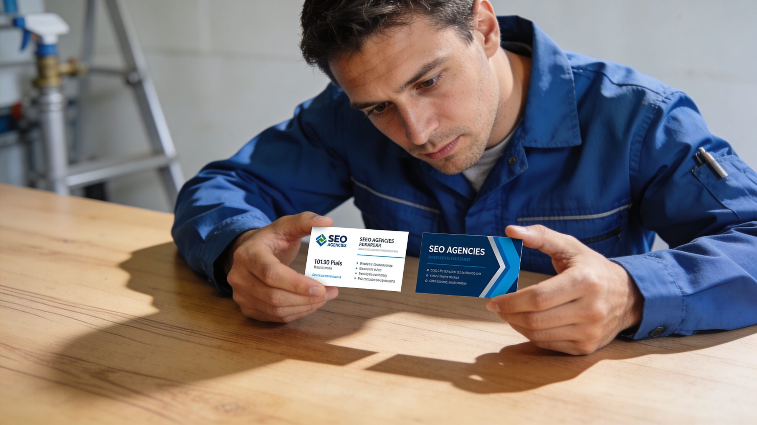 A professional tradesman in blue workwear holding two branded business cards at a wooden workbench.