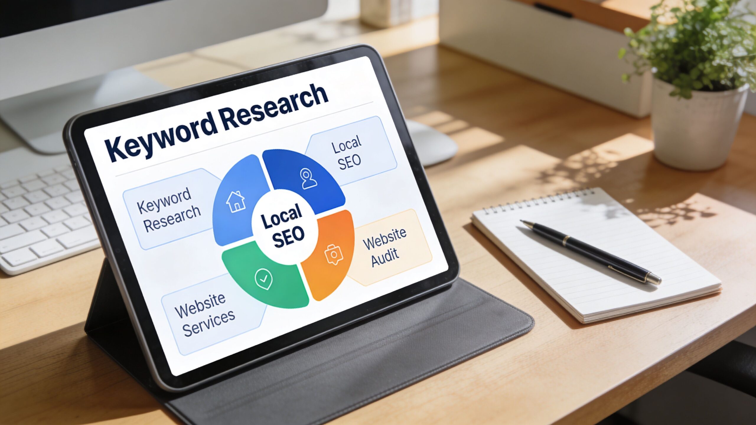 A digital tablet displaying a Local SEO strategy chart featuring keyword research and website audit services.