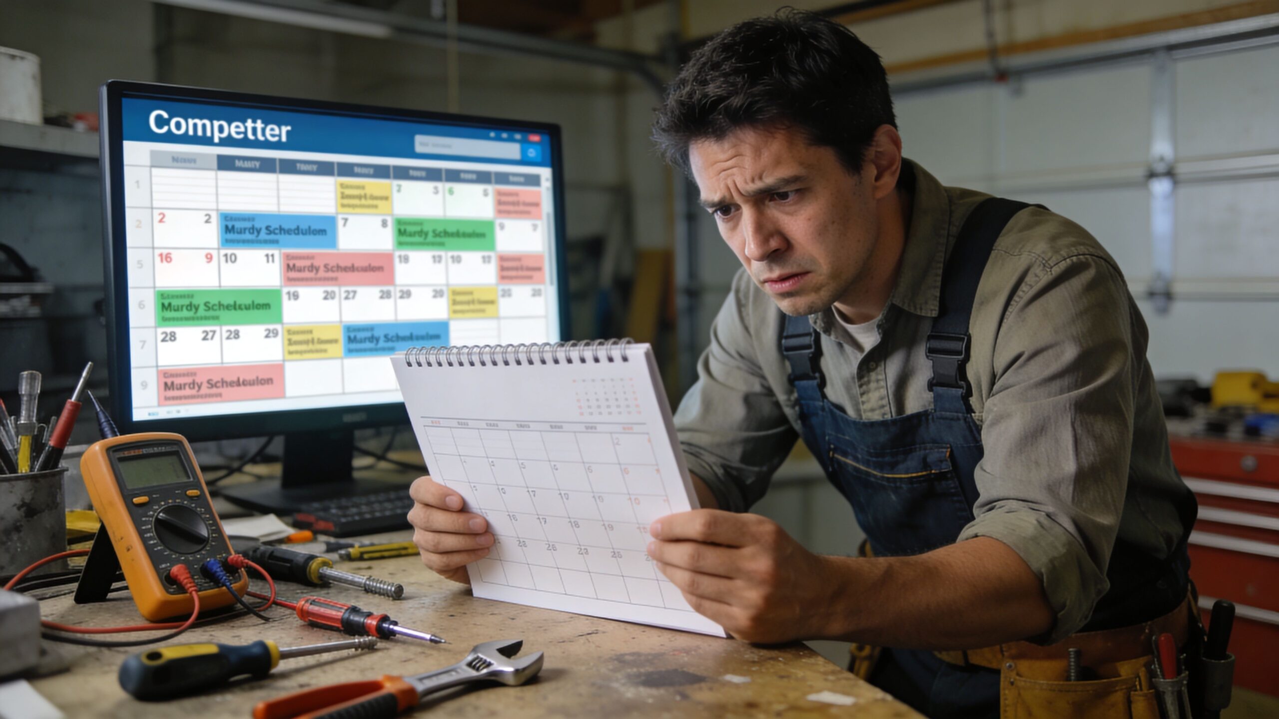 A focused tradesman in overalls reviewing a work schedule on his computer and a paper calendar.