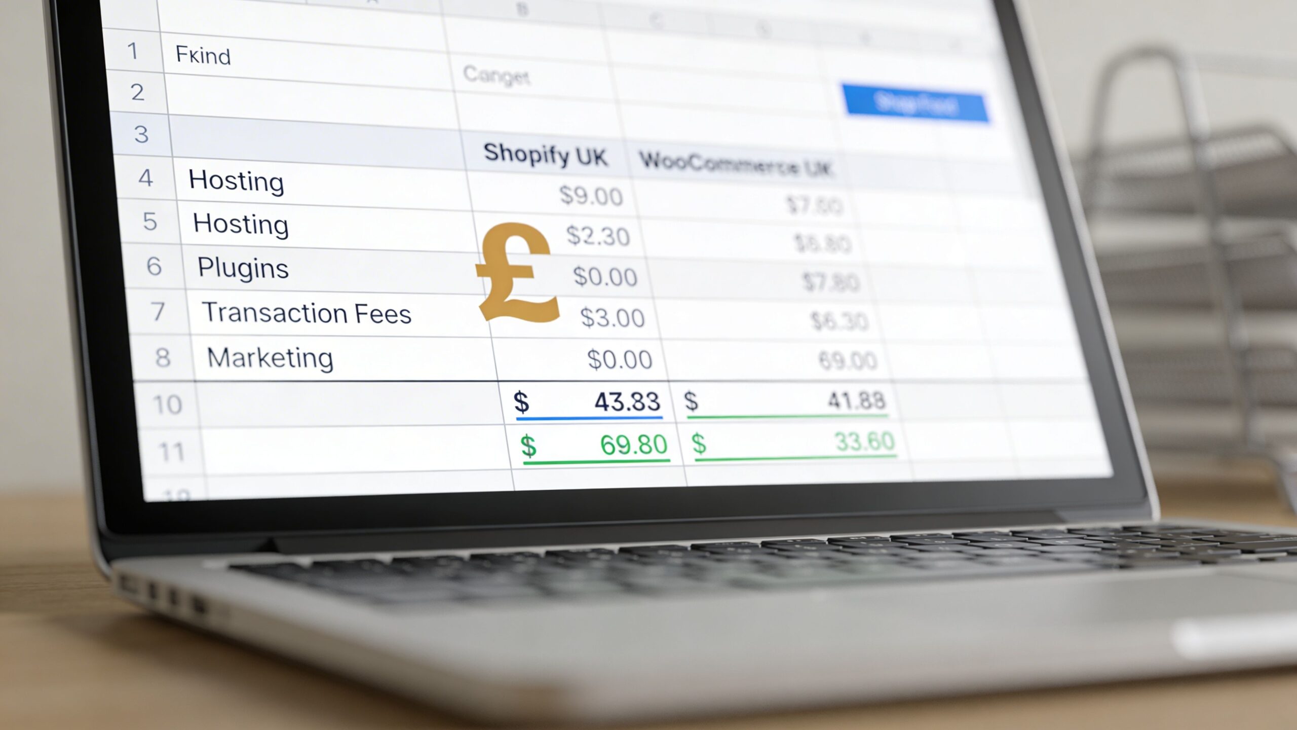A spreadsheet on a laptop comparing the monthly costs of running a Shopify UK versus WooCommerce store.