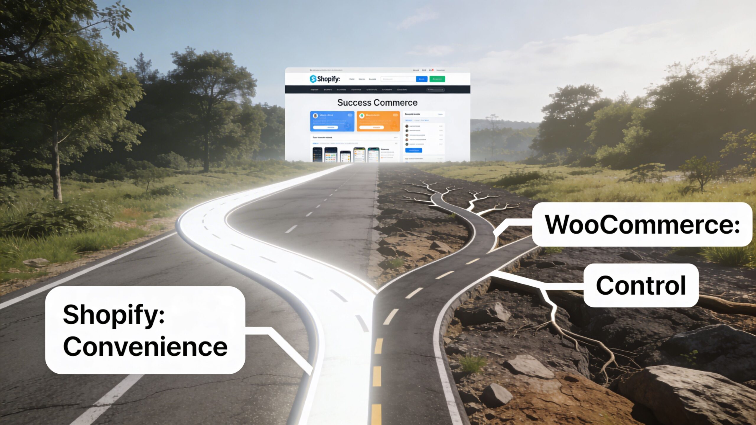 A conceptual road fork showing a path towards Shopify for convenience and WooCommerce for full control.