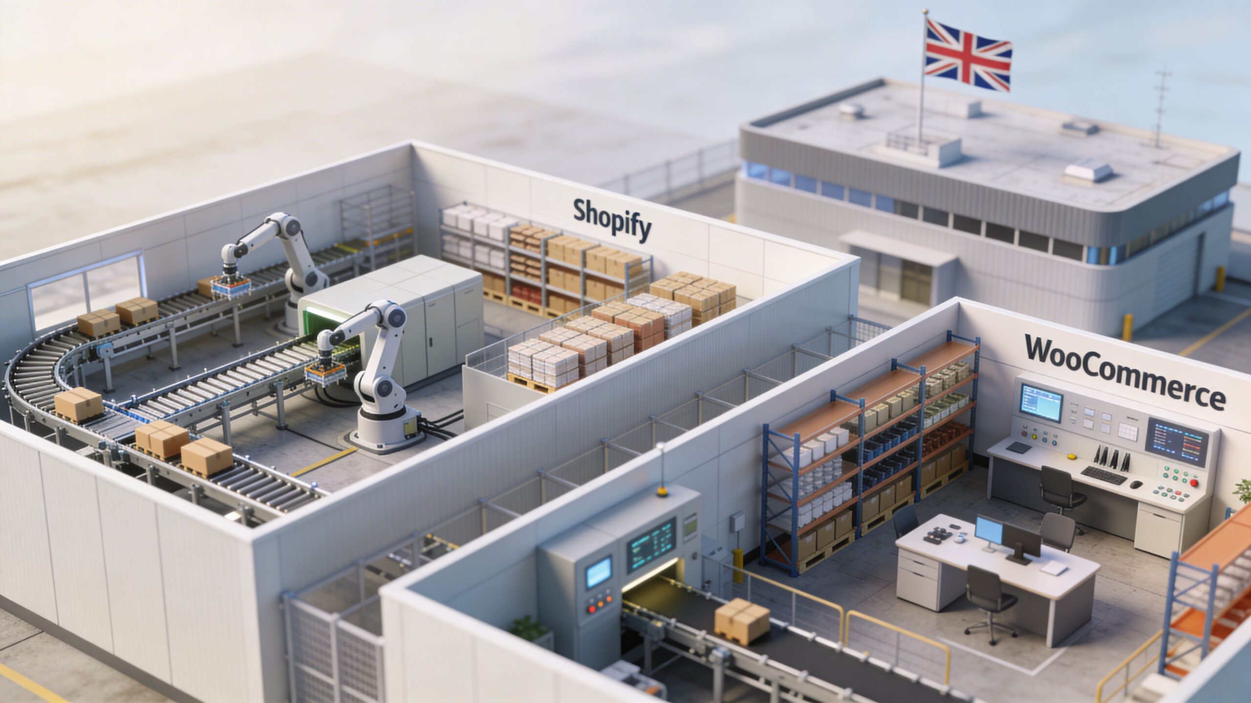 A 3D isometric view comparing Shopify and WooCommerce automated warehouse fulfillment systems with a British flag.