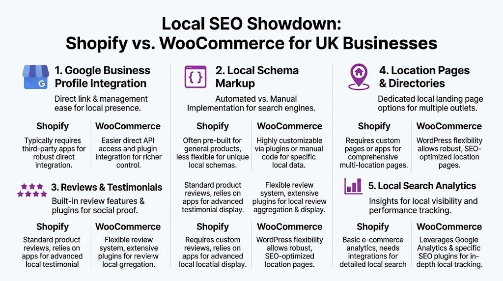 A comparison chart highlighting the differences between Shopify and WooCommerce for local SEO in UK businesses.