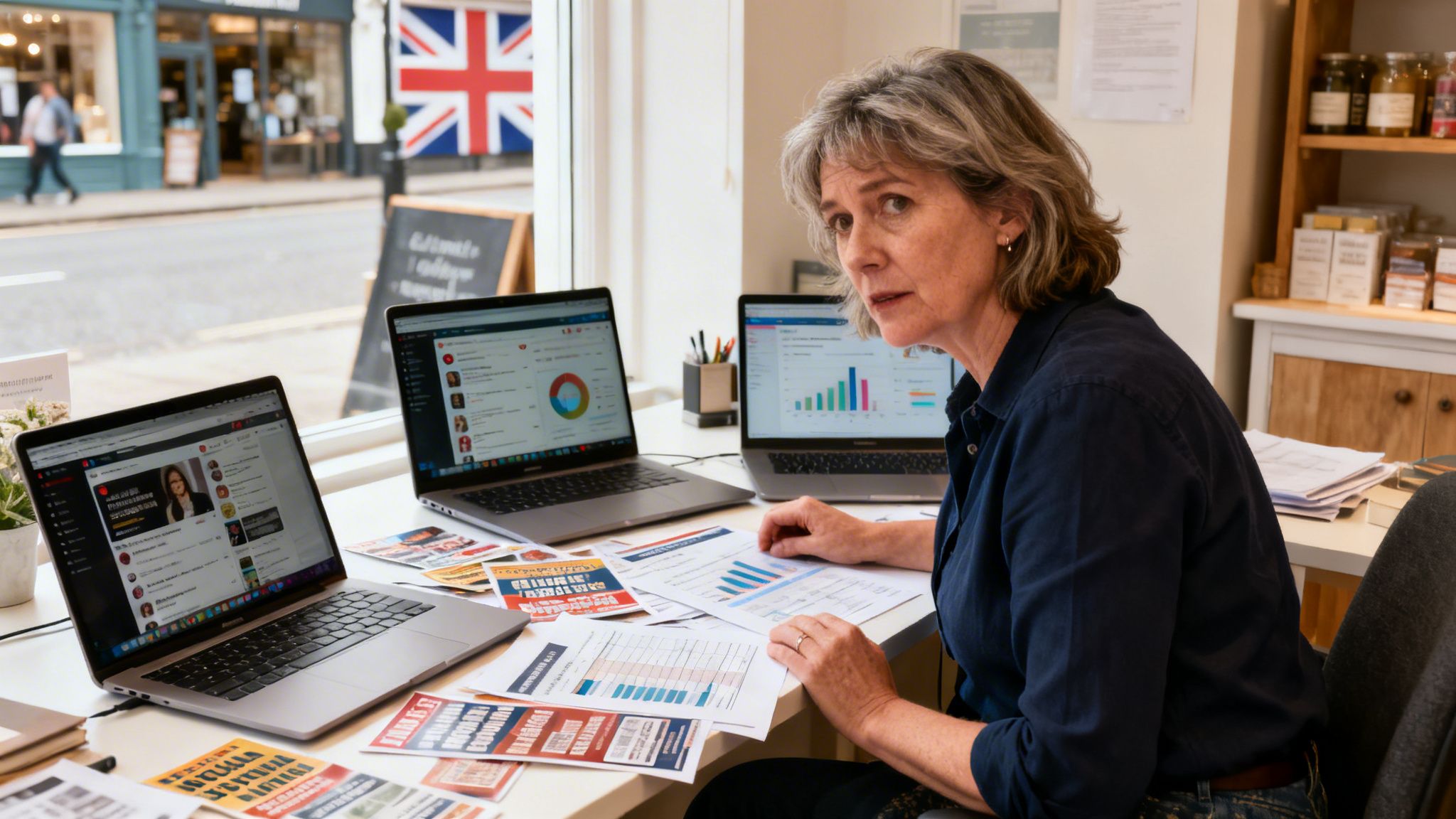 A businesswoman analyzes marketing data on multiple laptop screens while sitting at a cluttered office desk.