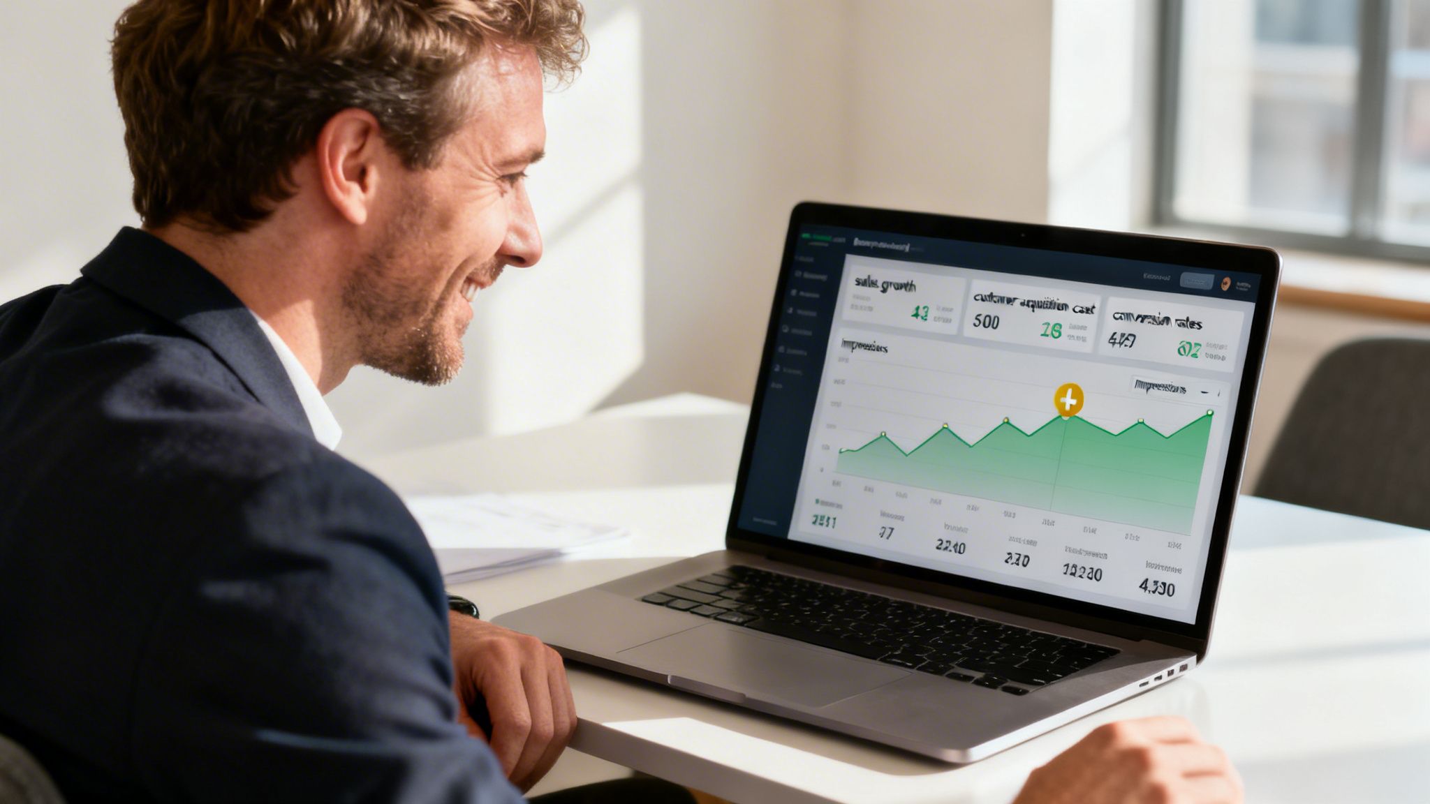 A professional man smiling while reviewing positive business growth analytics on his laptop screen at his desk.