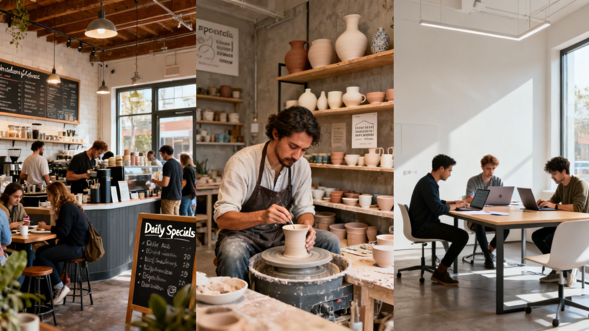 A collage showing a bustling cafe, an artisan pottery workshop, and a modern collaborative office space.