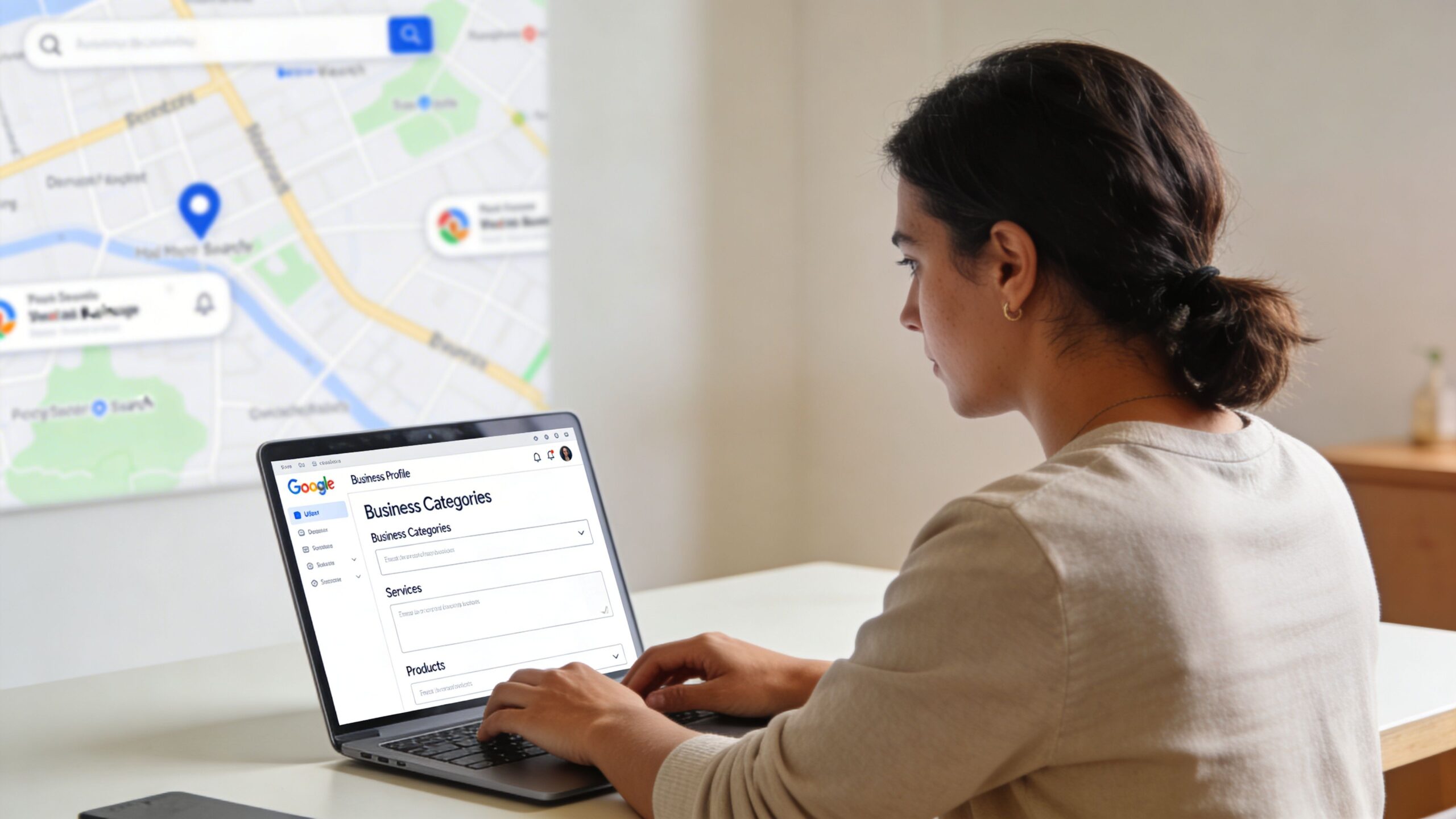 A young woman working on her laptop to manage a business profile while a map displays in the background.