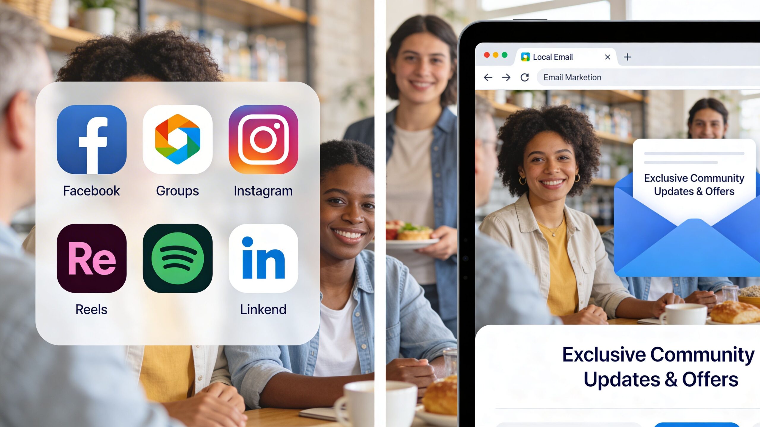 A split image showing social media icons on the left and an email marketing screen on the right.