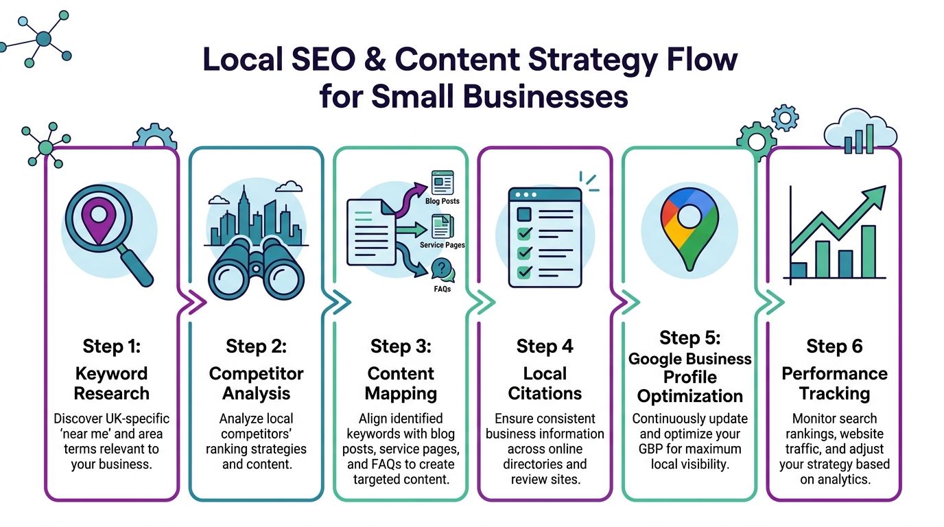 A flowchart showing six steps for local SEO and content strategy for small businesses to improve visibility.