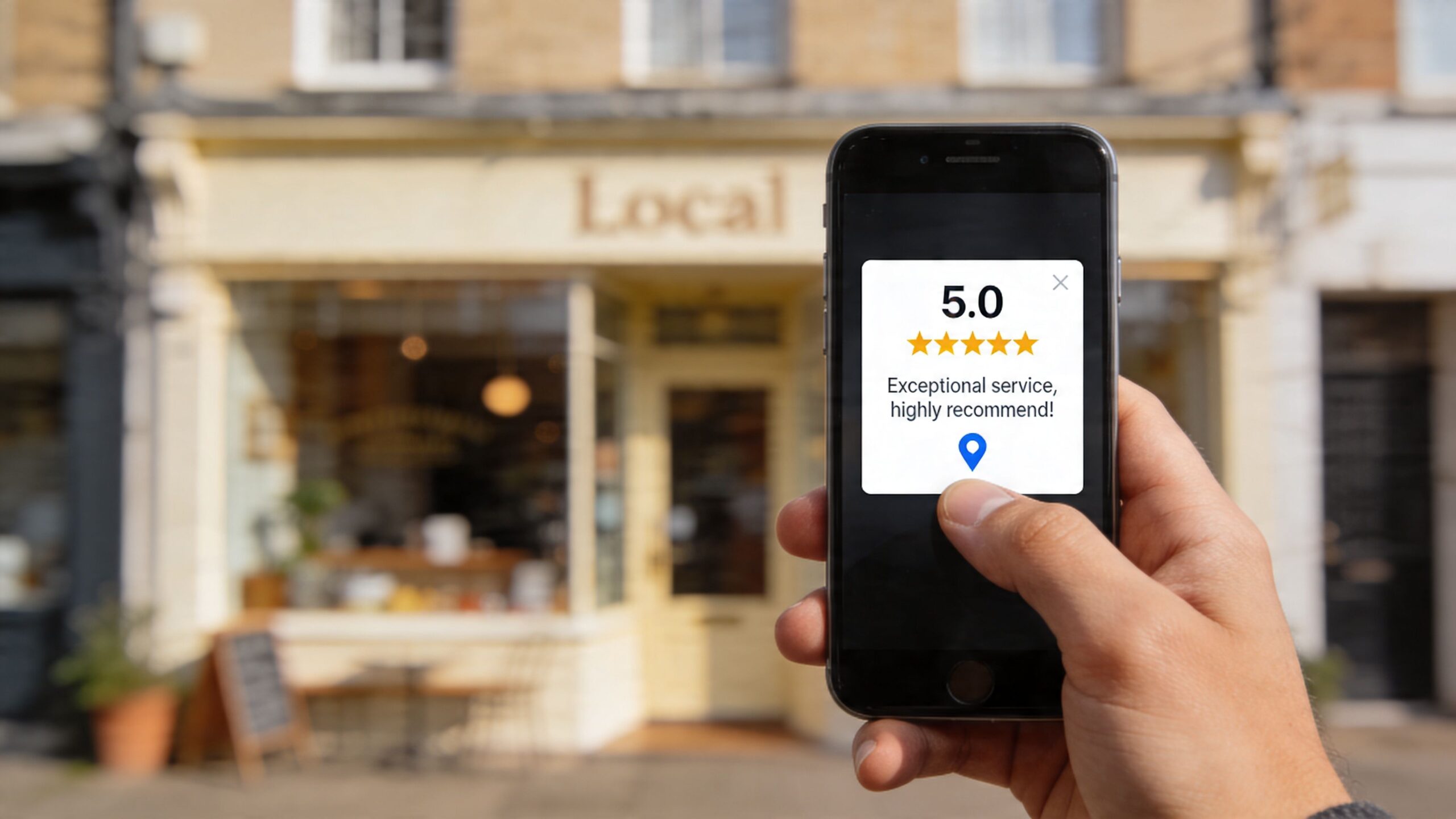 A person holding a smartphone showing a five-star review for a local business on a city street.