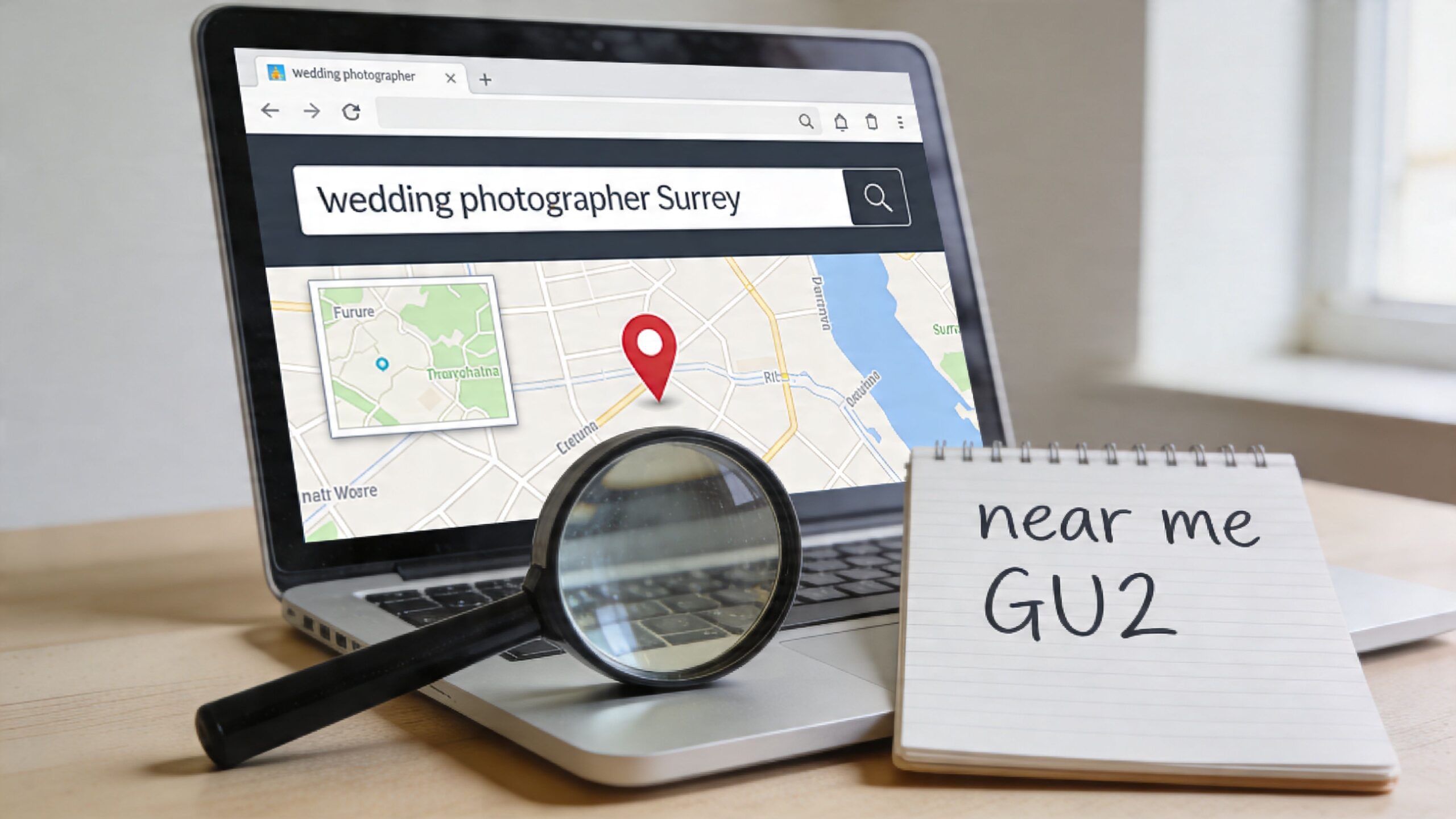 A laptop displaying a map search for a wedding photographer with a magnifying glass and notepad nearby.