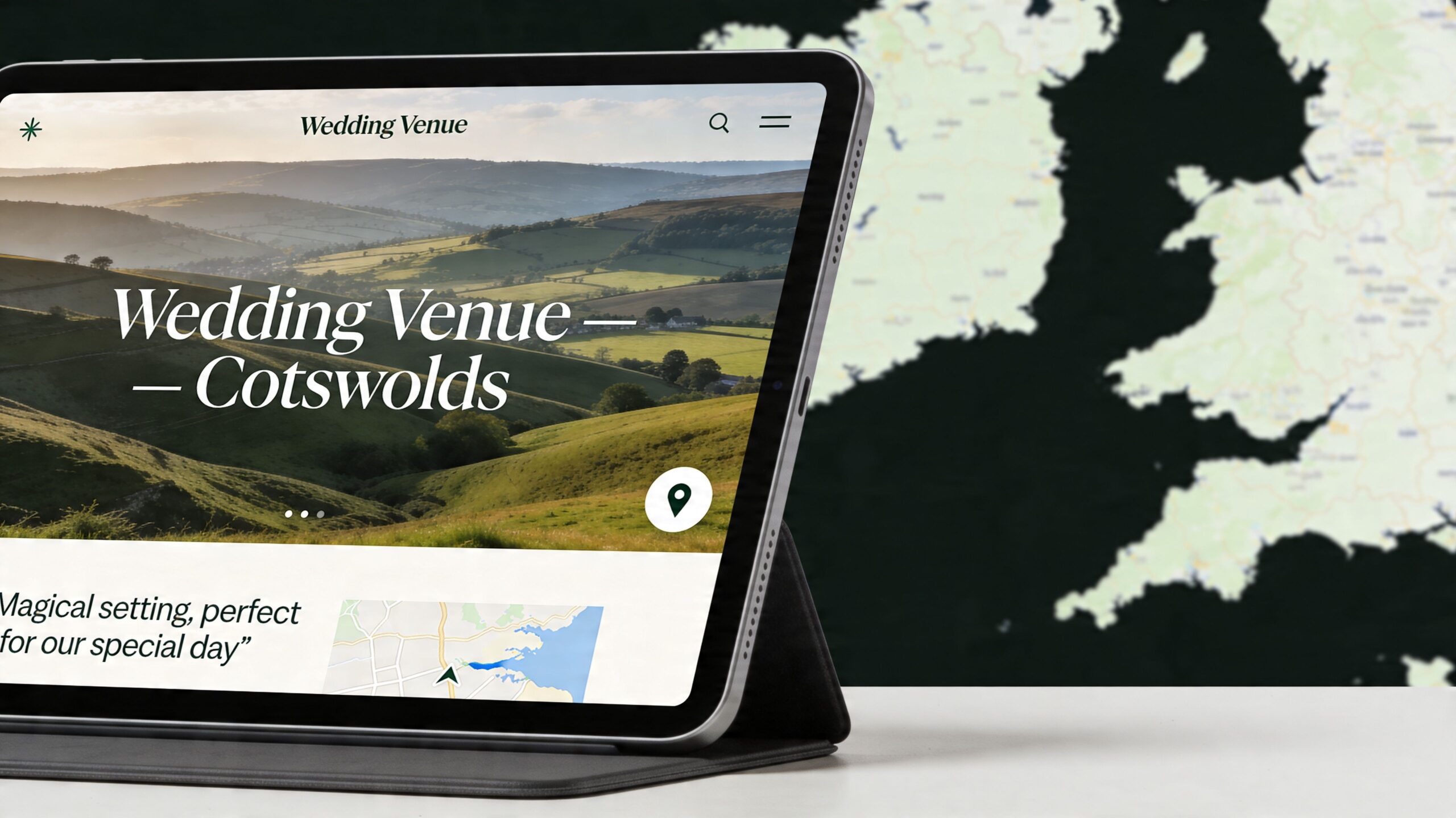 A tablet computer displaying a wedding venue website with a Cotswolds landscape image and map background.