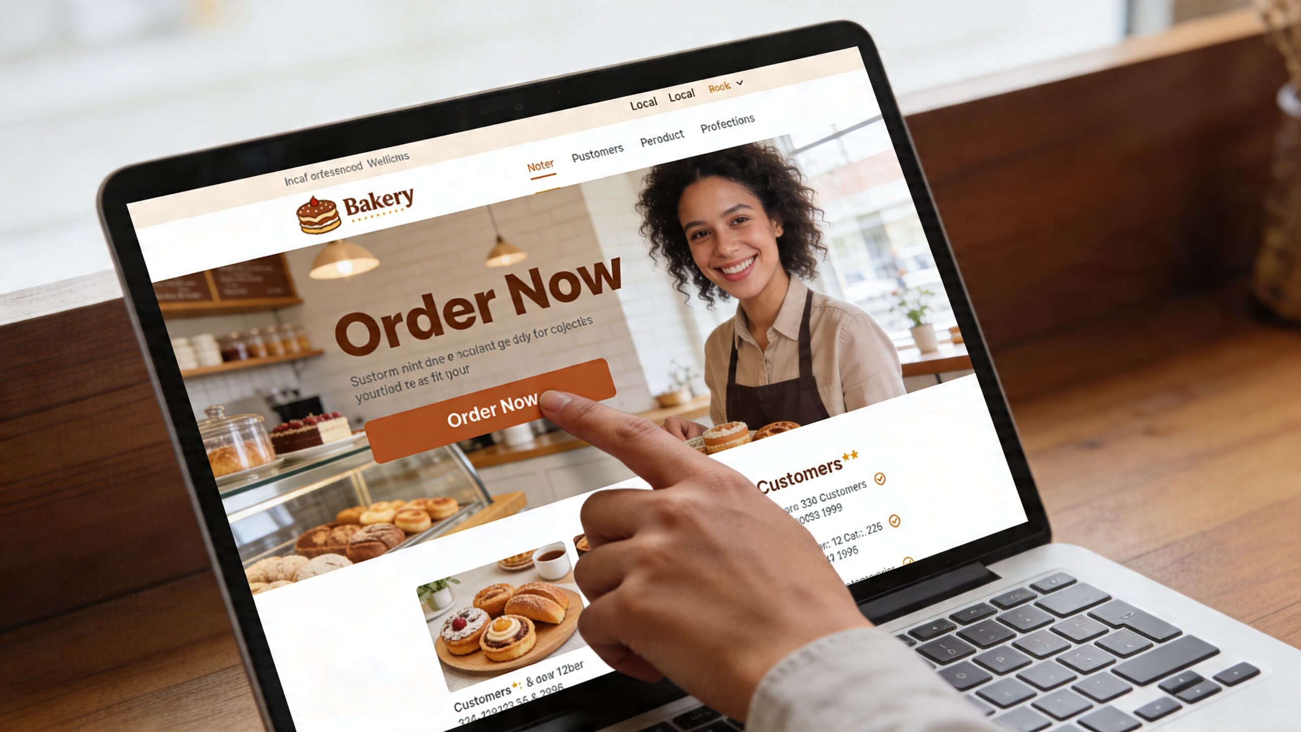 A person uses their finger to click an Order Now button on a professional bakery website.