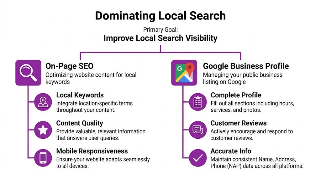 A diagram outlining strategies for local search domination including on-page SEO and Google Business Profile management.