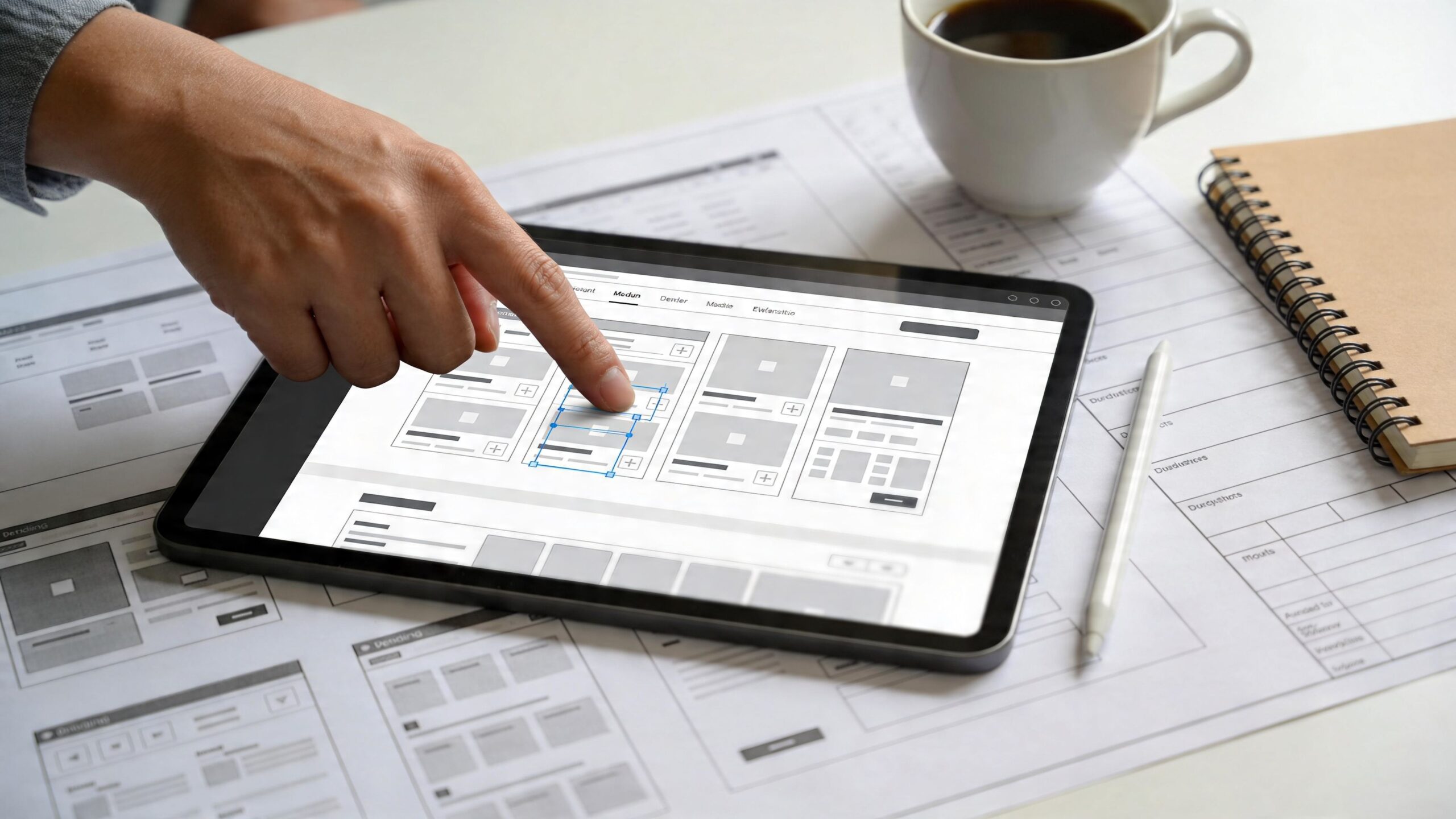 A professional designer uses a tablet to refine wireframe sketches for small business web design projects.