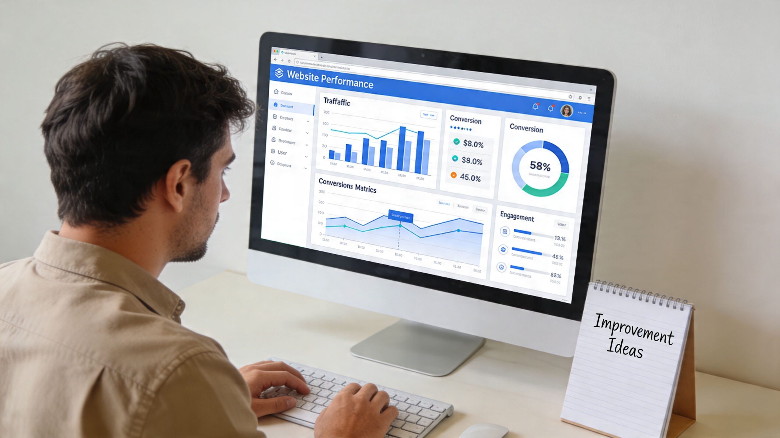 A man working on his computer reviewing website performance analytics dashboard metrics to improve digital business results.