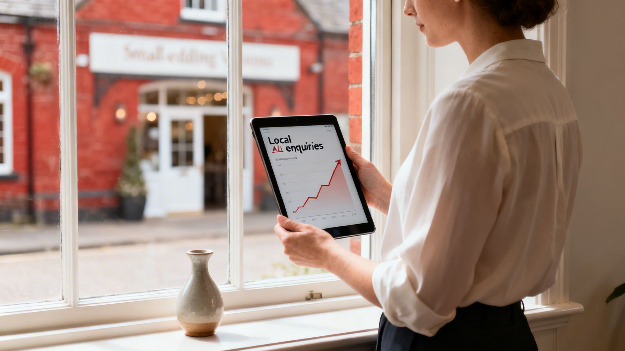 A person holding a tablet showing a rising graph of local business enquiries, looking out a window.