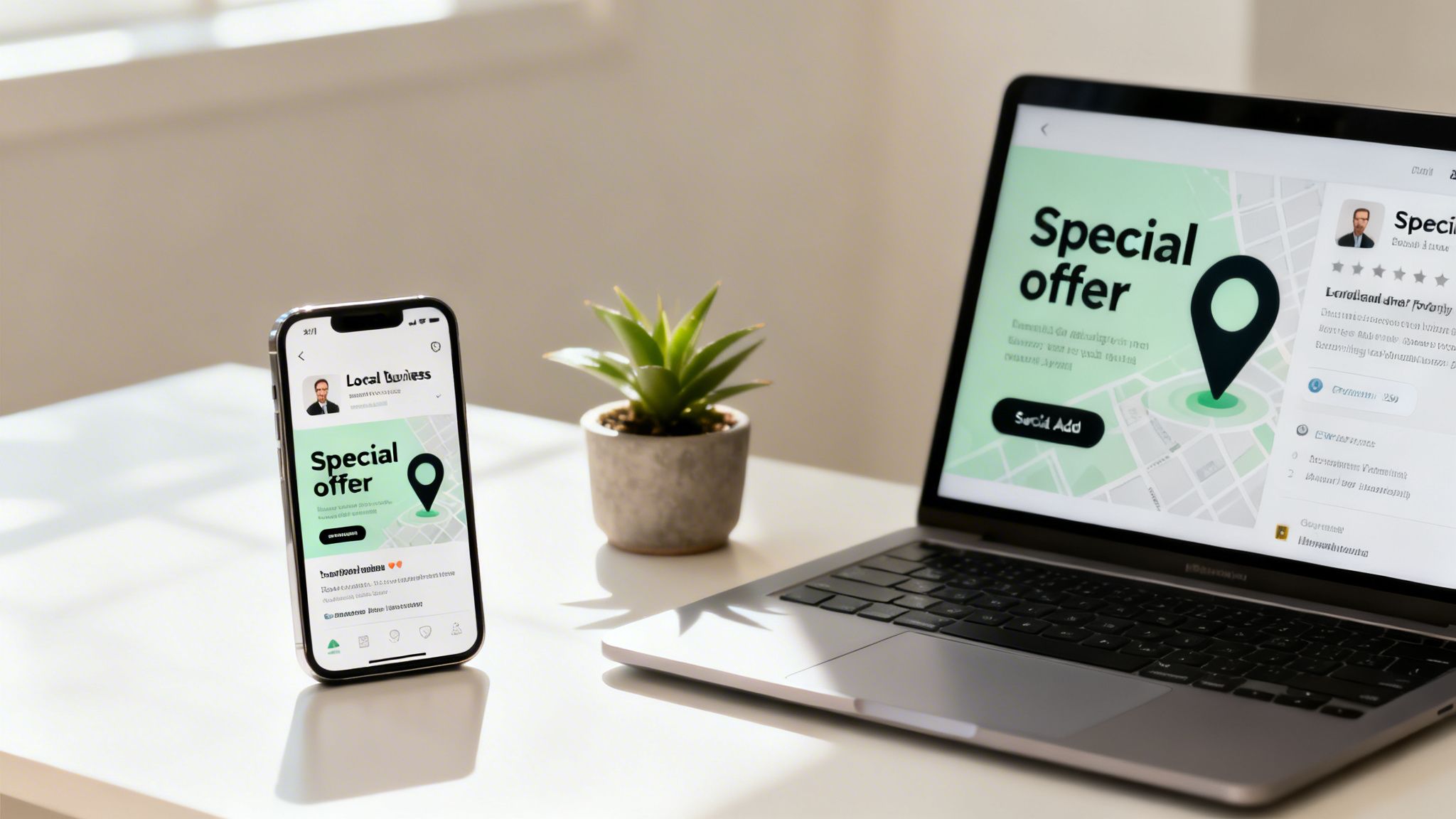 A smartphone and laptop display a local business special offer with a map and location pin on a white desk.