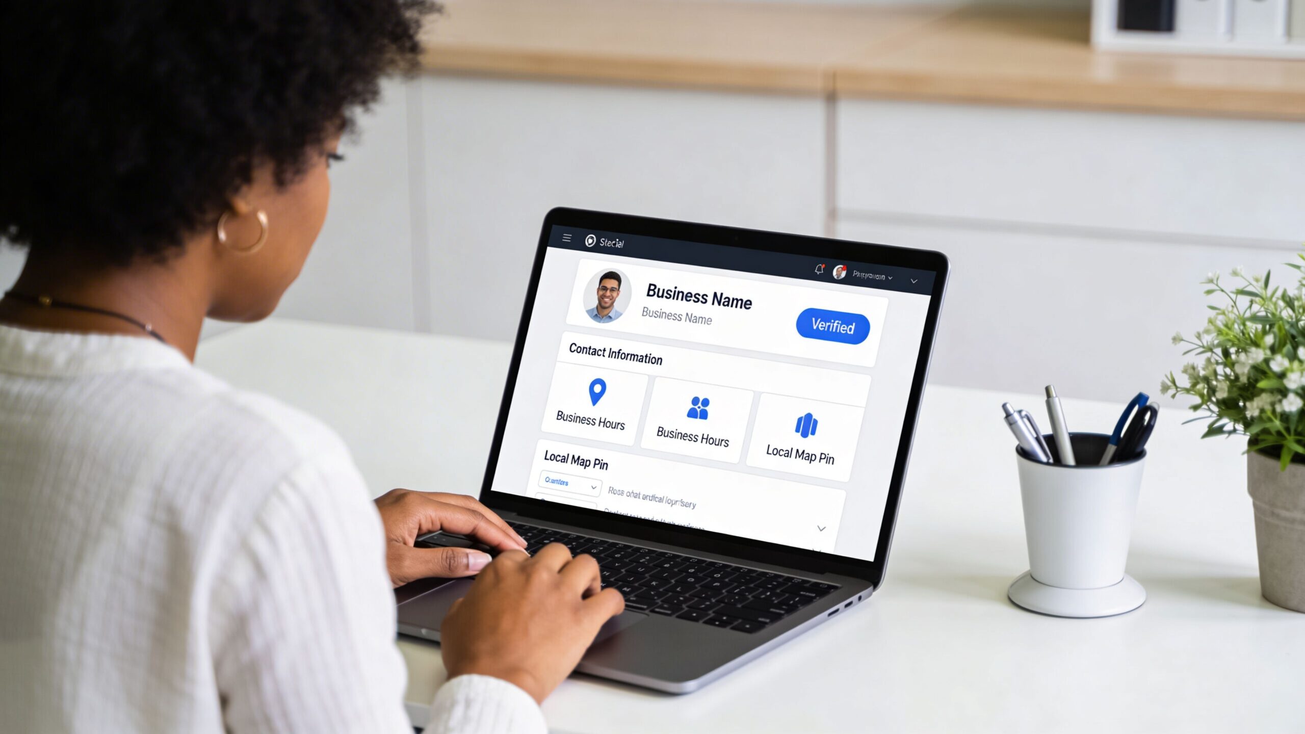A woman working on a laptop displaying a business dashboard for local marketing and online presence management.