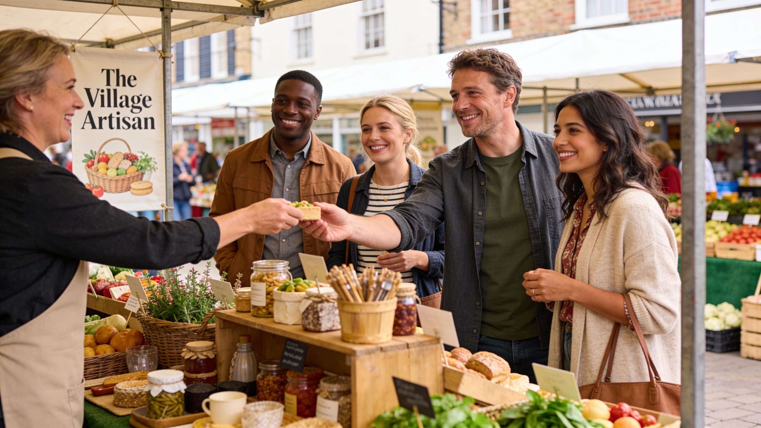 A friendly artisan market vendor offering food samples to a smiling group of diverse customers outdoors.