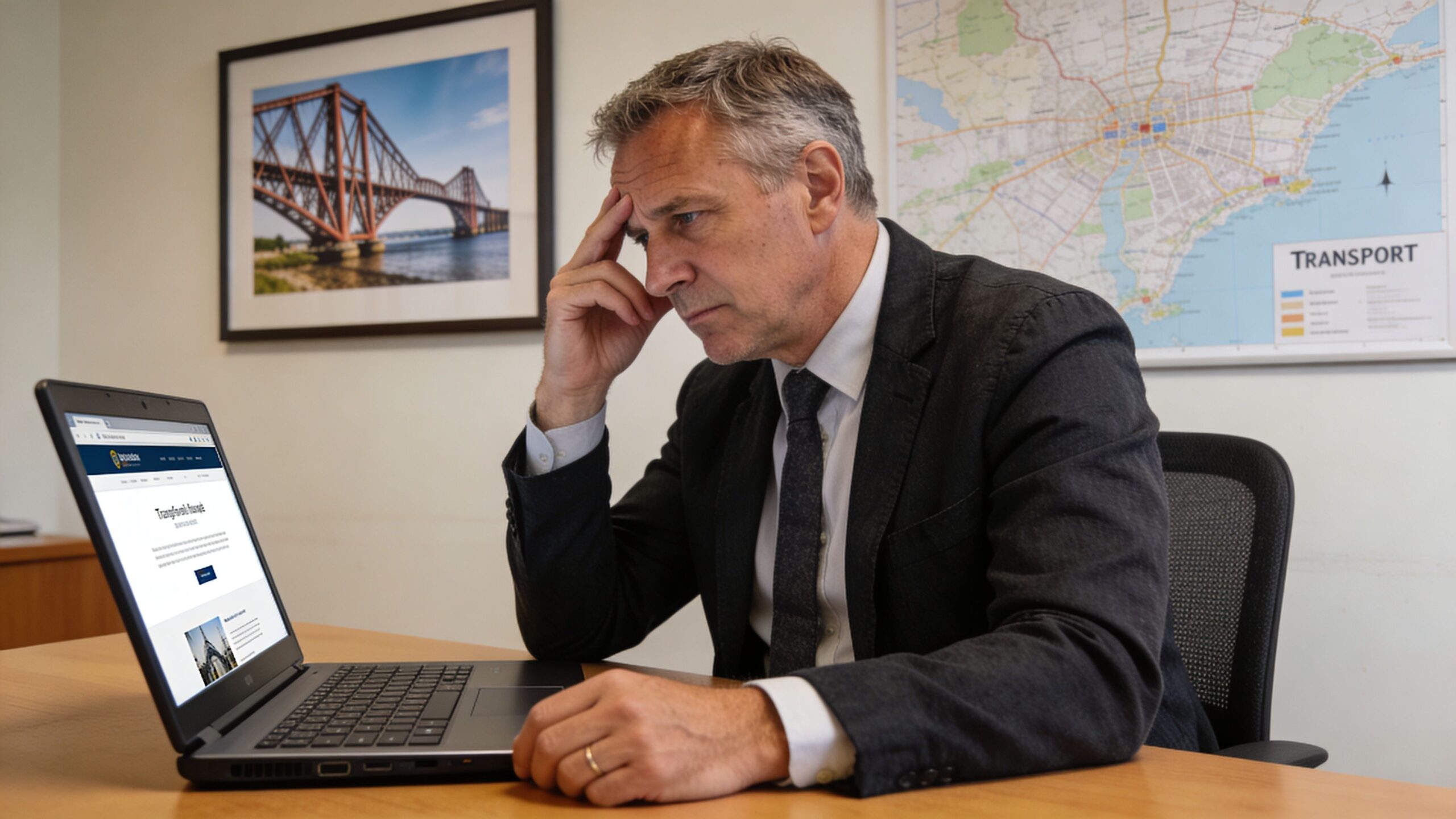 A concerned professional man in a business suit sitting at a desk and reviewing a website.