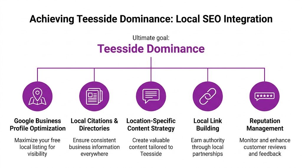 A diagram outlining strategies for achieving local SEO dominance for businesses in the Teesside area.