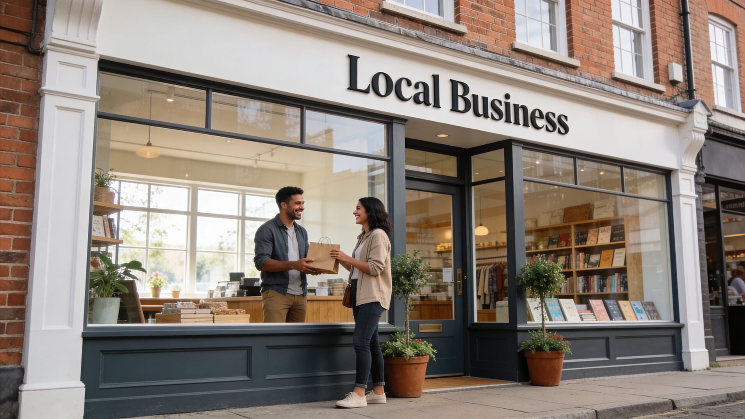 A friendly shopkeeper handing a paper shopping bag to a customer outside a local independent store.
