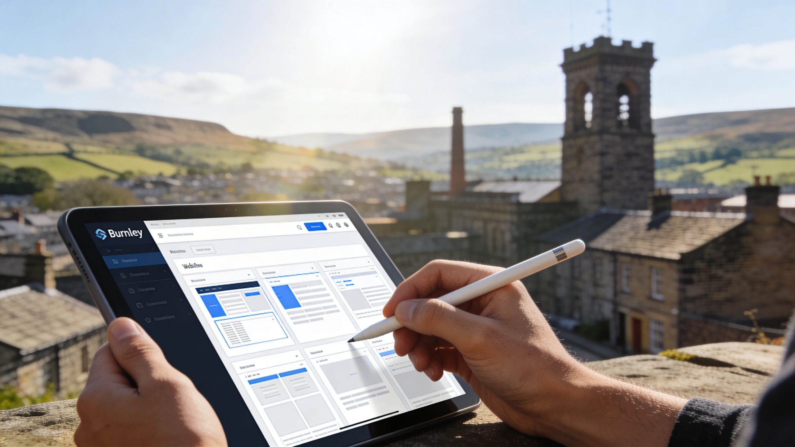 A designer using a tablet with a stylus to work on website layout sketches in Burnley.