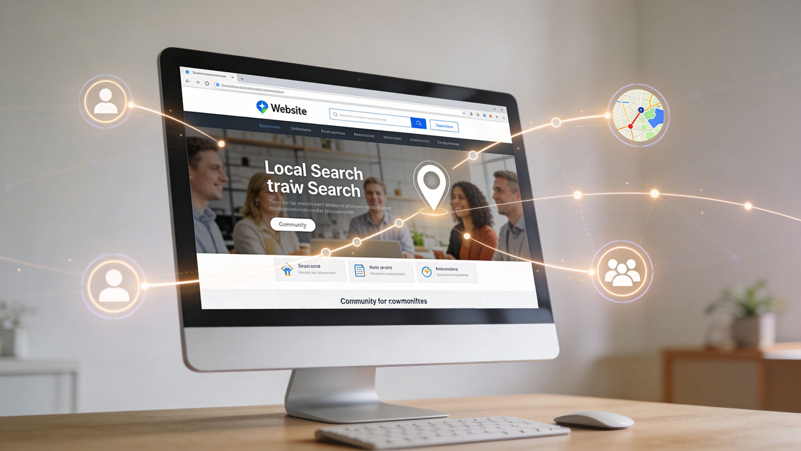 A computer screen showing a local search website design concept with digital network connections.