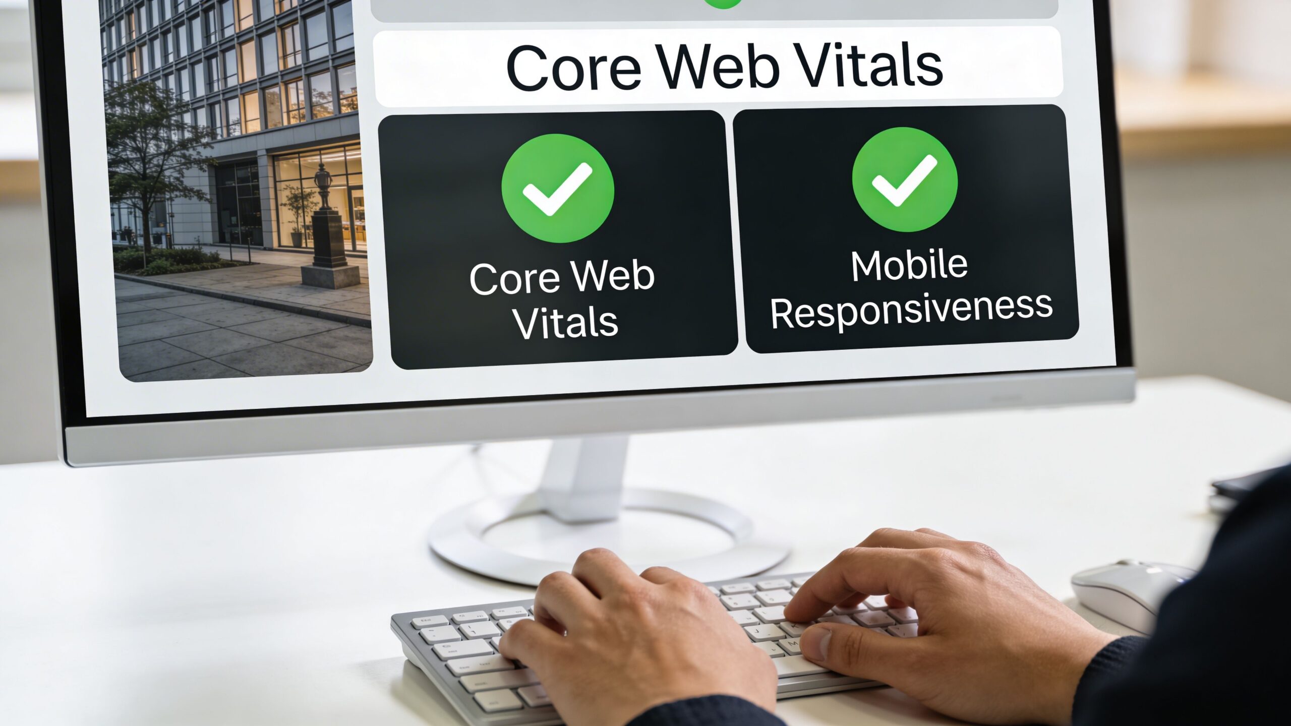 A person working on a computer screen displaying successful Core Web Vitals and mobile responsiveness status reports.