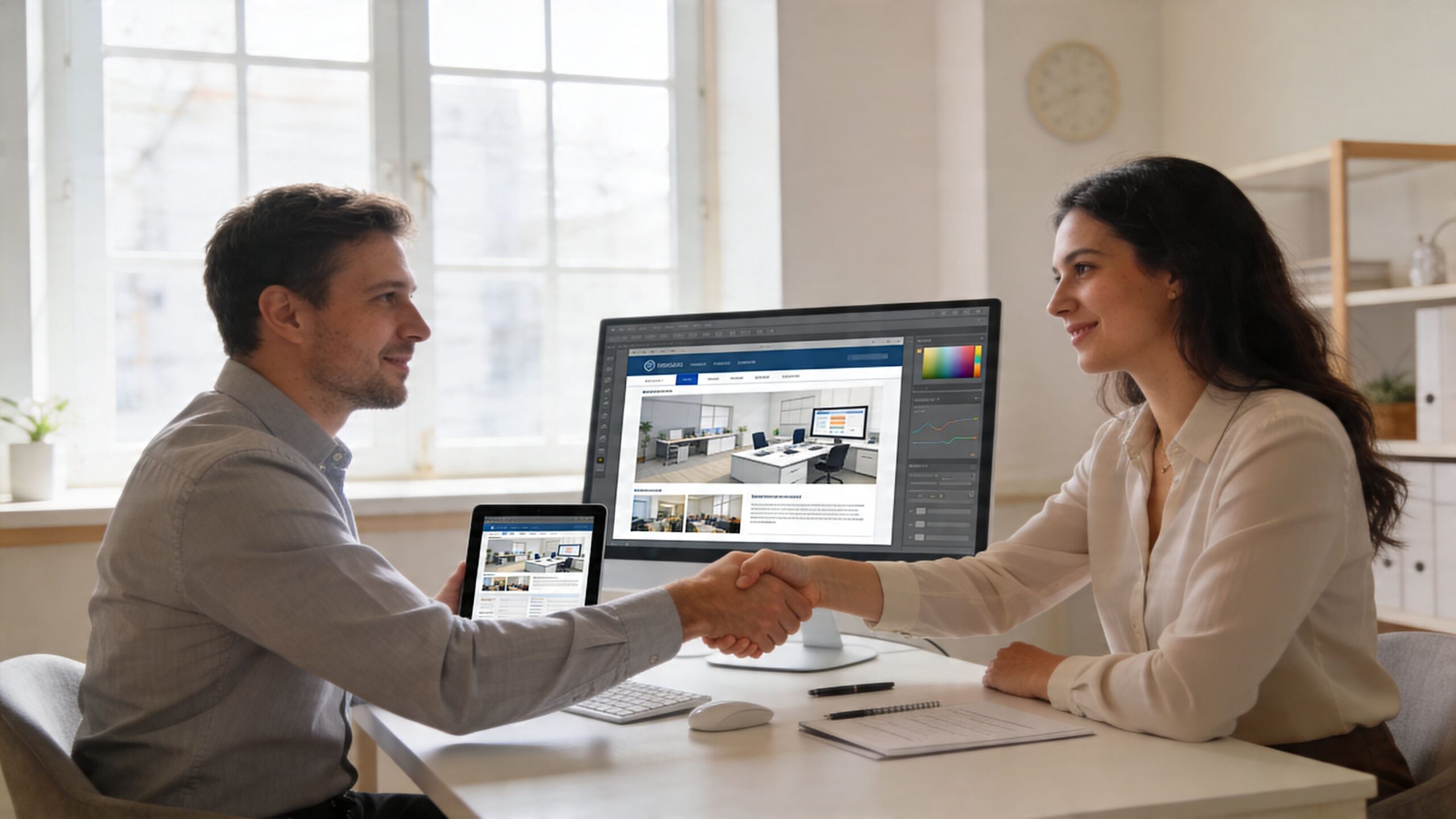 A professional man and woman shake hands across a desk while looking at website designs on screens.